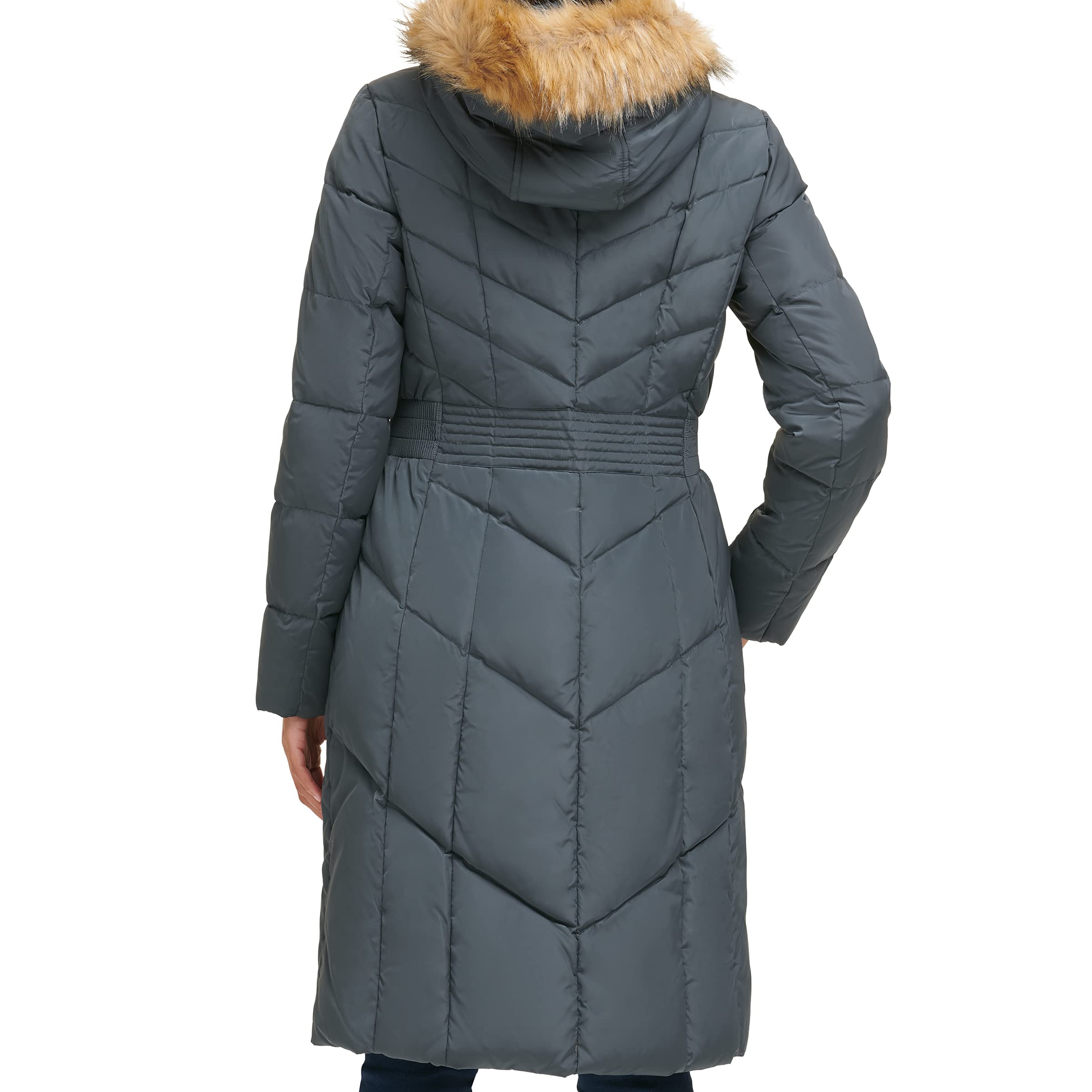 Cole Haan Women's Long Taffeta Down Jacket with Chevron Quilt Pattern - Warm Winter Coat for Outdoor Activities & Casual Wear
