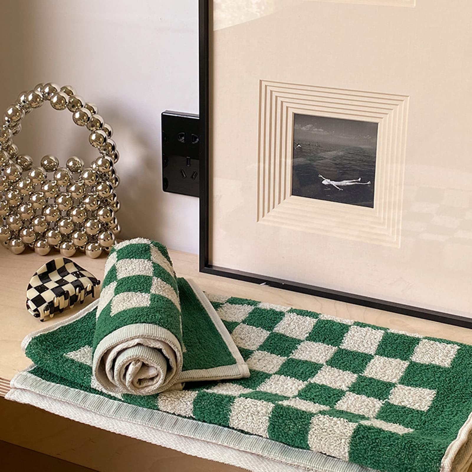 Minimalist Checkered Hand Towels - Soft Bath Towel Set for Bathroom, Dorm & Teens - Green Checkerboard Fingertip Towels - Perfect for Spa, Gym & Everyday Use