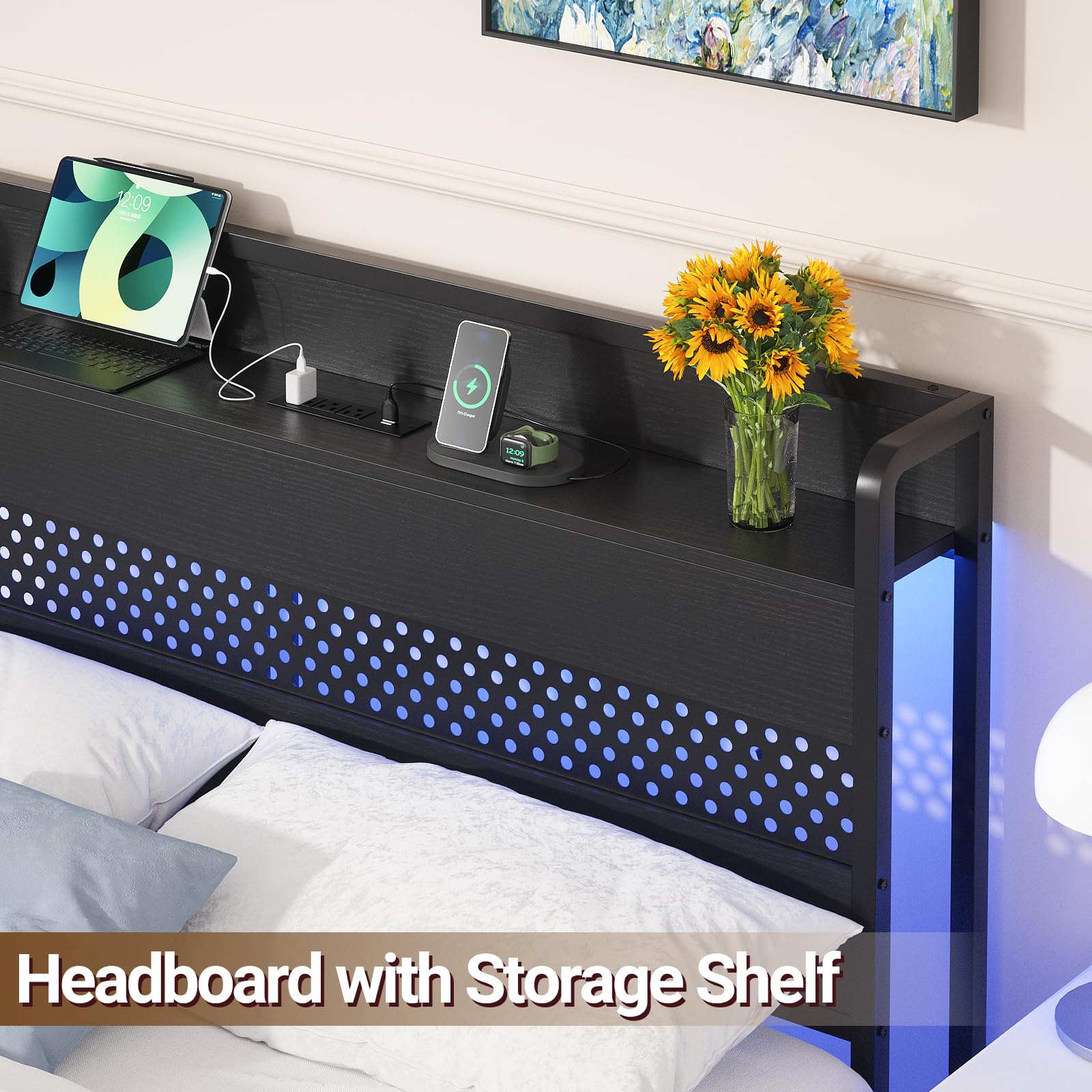 Aheaplus Full Size Headboard with USB Ports, Power Outlets & LED Lights - Adjustable Height, Storage Shelf, Sturdy Metal Frame - Perfect for Bedroom, Dorm, Guest Room (Black)