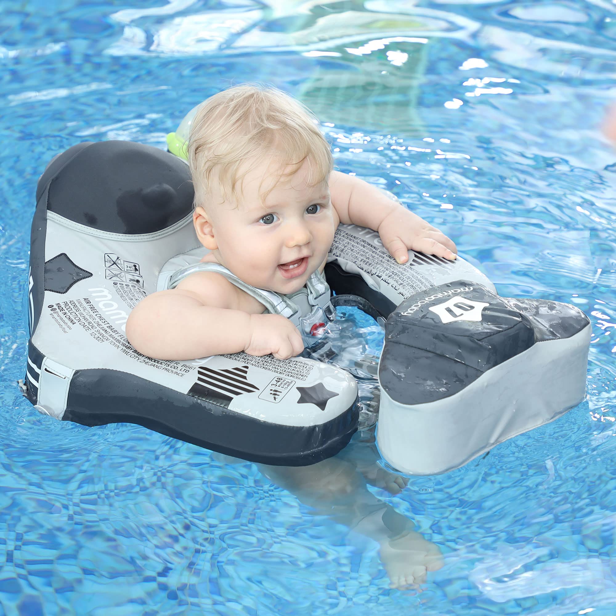 Upgraded Mambobaby Float with Canopy & Adjustable Safety Strap - Non-Inflatable Infant Swim Trainer Waist Ring for Babies (Grey Airplane) - Perfect for Pool, Beach & Water Safety Training