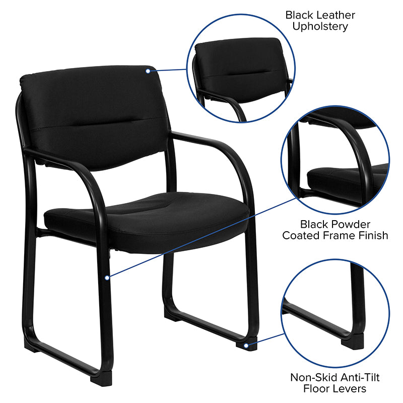 Premium FLASH Donny Black LeatherSoft Executive Side Reception Chair with Sled Base - Ergonomic Office Chair for Reception Areas, Waiting Rooms & Lobby Seating