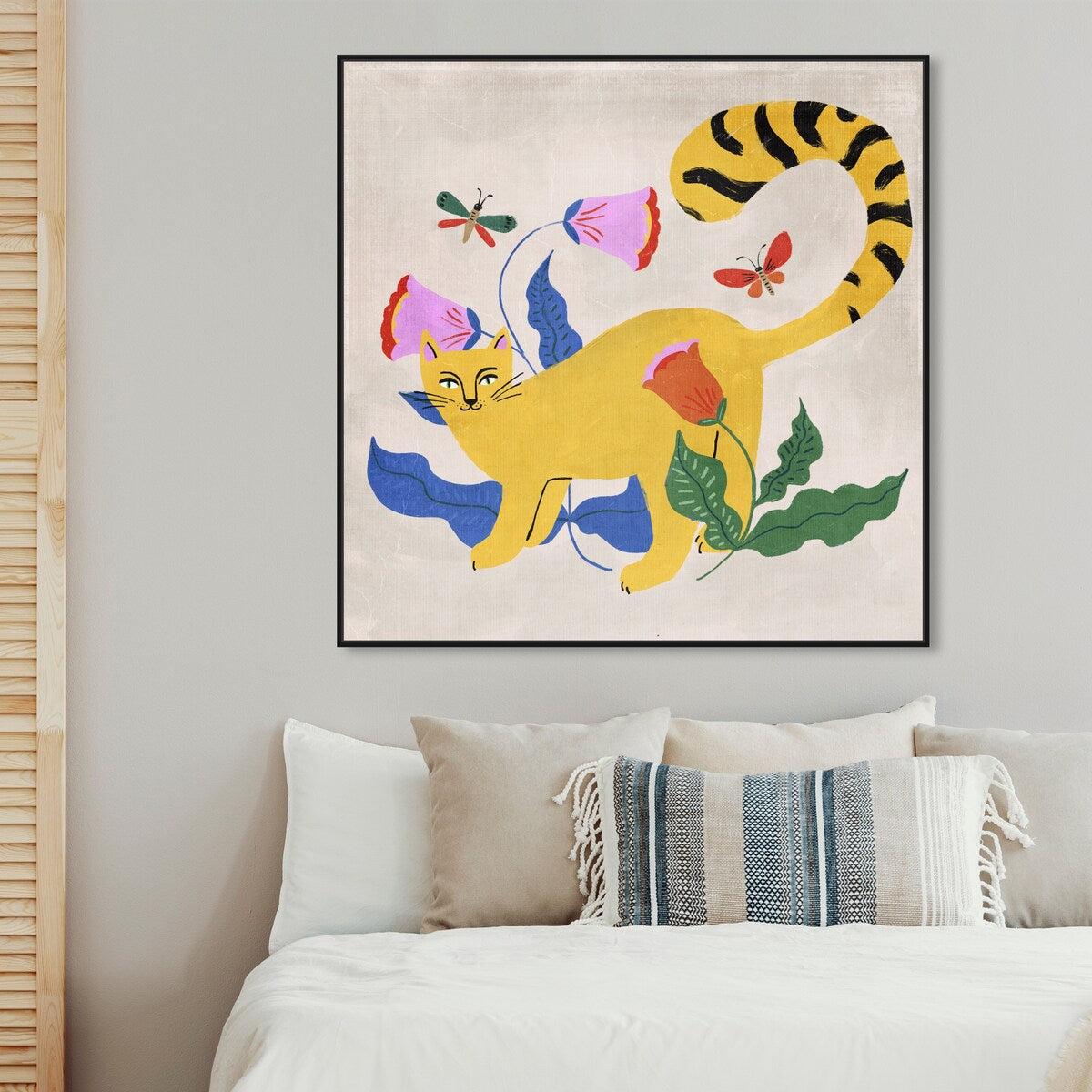 Blonde Tabby Floral Kitten Butterfly Garden Modern Yellow Framed Canvas Wall Art Print - Home Decor for Bedroom, Living Room & Nursery