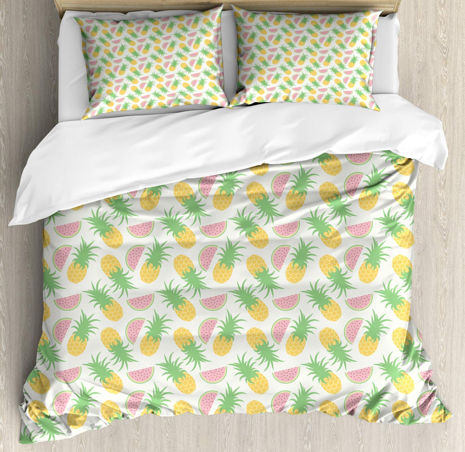 Ambesonne Summer Duvet Cover Set - King Size 2-Pack with Pineapple & Watermelon Doodle Design on Dotted Scales Background, Includes 2 Duvet Covers & 4 Pillowcases in Apple Green & Yellow | Perfect for Beach House, Summer Bedroom Decor & Tropical Themed Guest Rooms