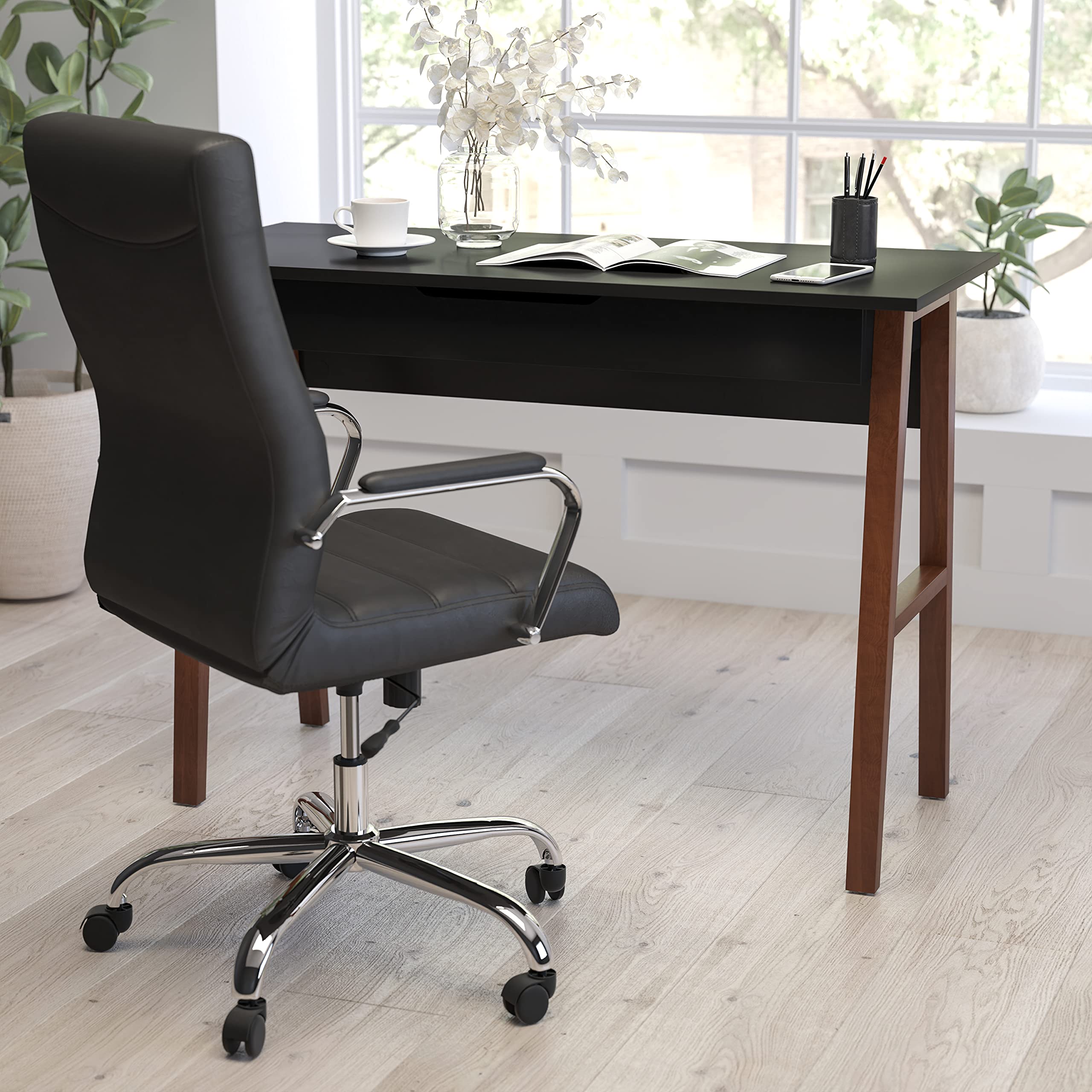 Merrick Lane Litchfield 42 Inch Writing Desk with Divided Storage Drawer - Black Finish & Walnut Legs for Home Office, Study Room or Dormitory | Modern Computer Desk with Ample Workspace