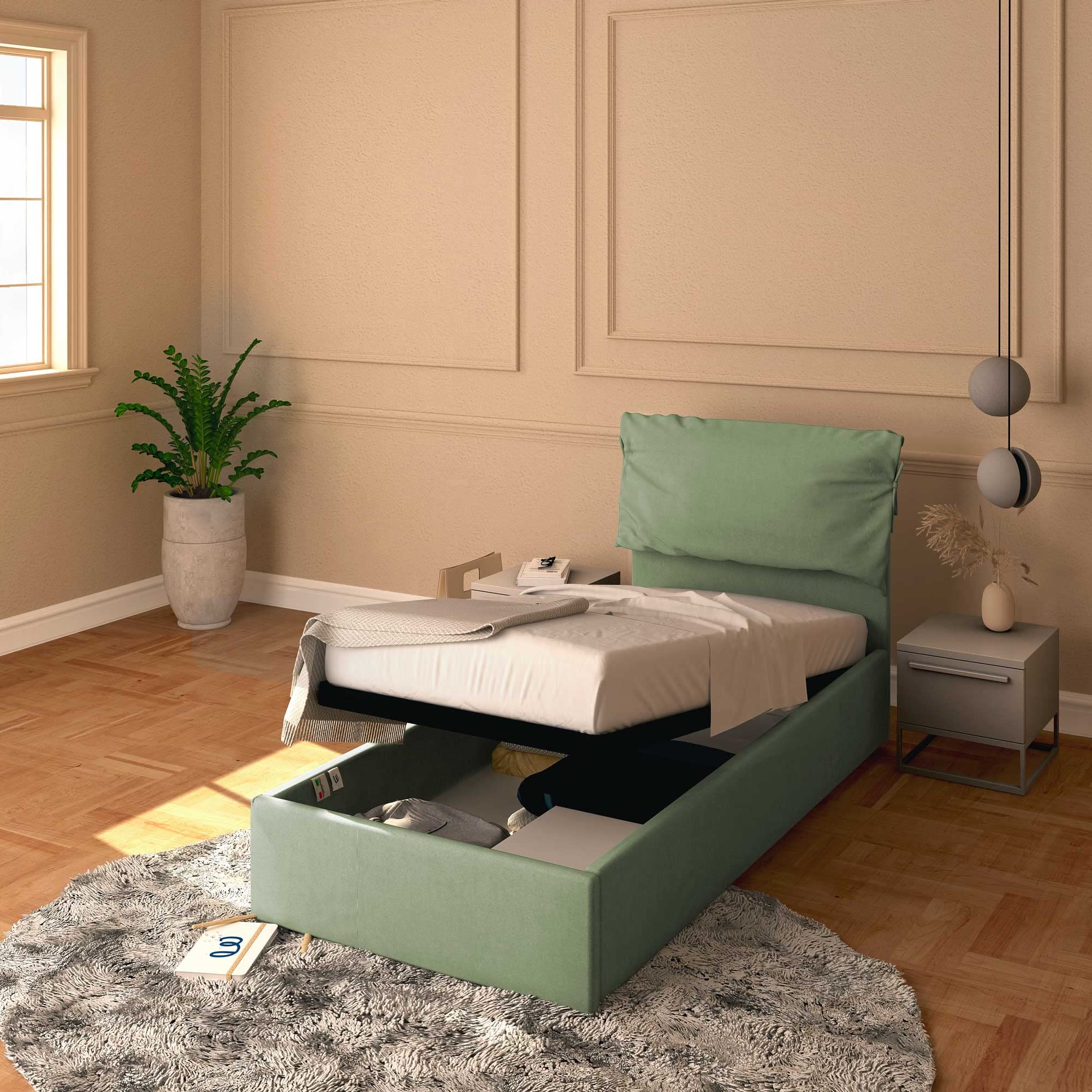 Baldiflex Single Bed with Storage - Licia Soft Fabric Frame, Slatted Base for 90x190cm Mattress, Padded Headboard in Mint Green - Perfect for Small Bedrooms, Guest Rooms & Dormitories