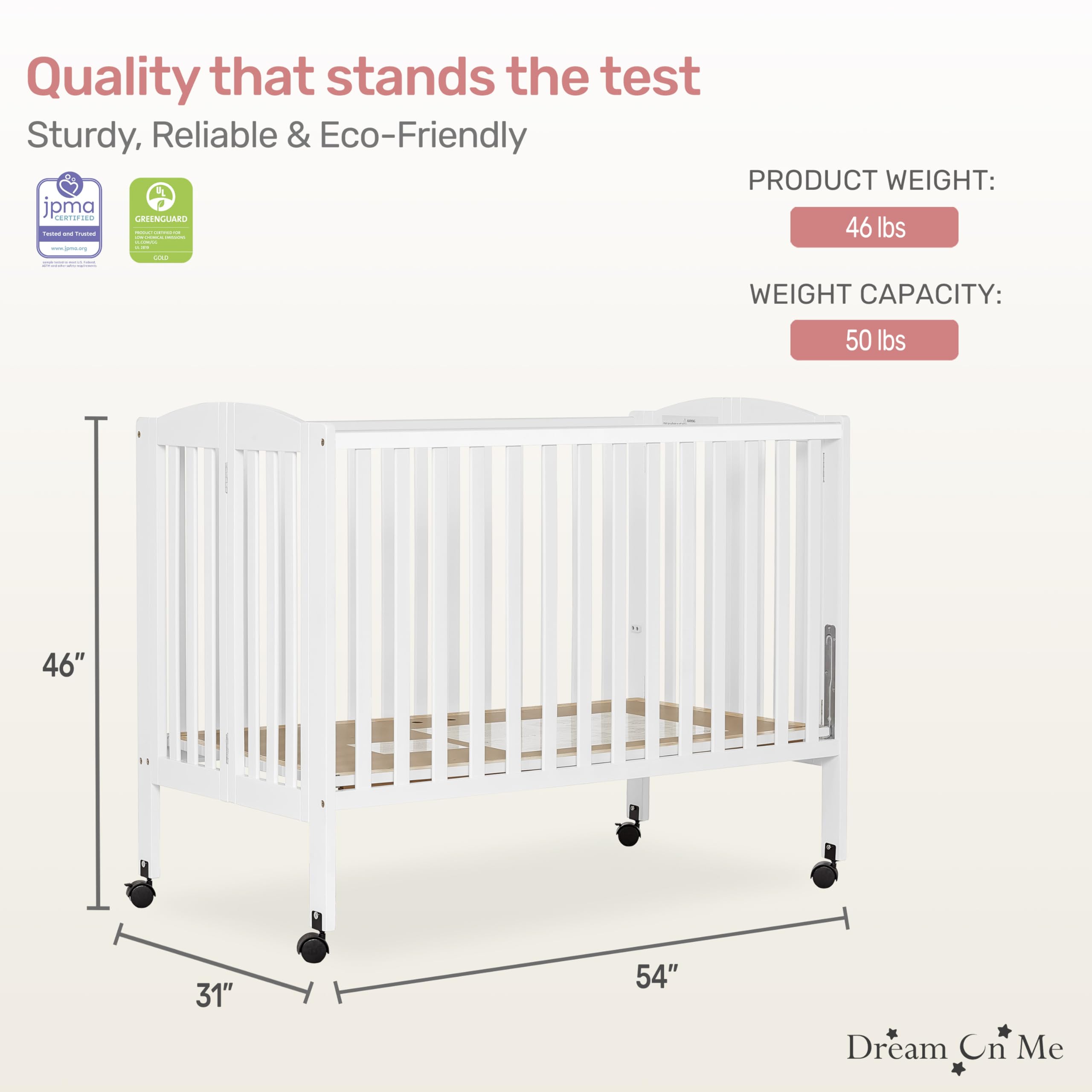 Dream On Me 2-in-1 Convertible Baby Crib - Full Size White Nursery Crib with Locking Wheels, Foldable Design for Space Saving Storage, Includes Teething Guard & Non-Toxic Finish - Perfect for Newborns, Toddlers & Small Bedrooms