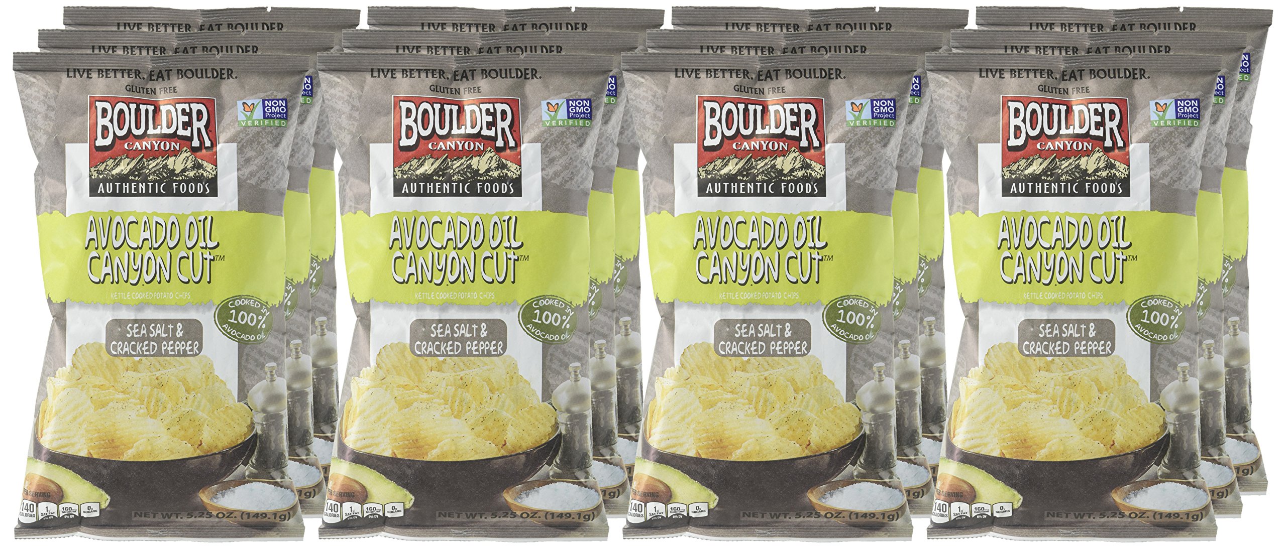 Boulder Canyon Avocado Oil Kettle Cooked Potato Chips - Sea Salt & Cracked Pepper, 5.25oz (Pack of 12) | Healthy Snack for Parties, Picnics & On-the-Go