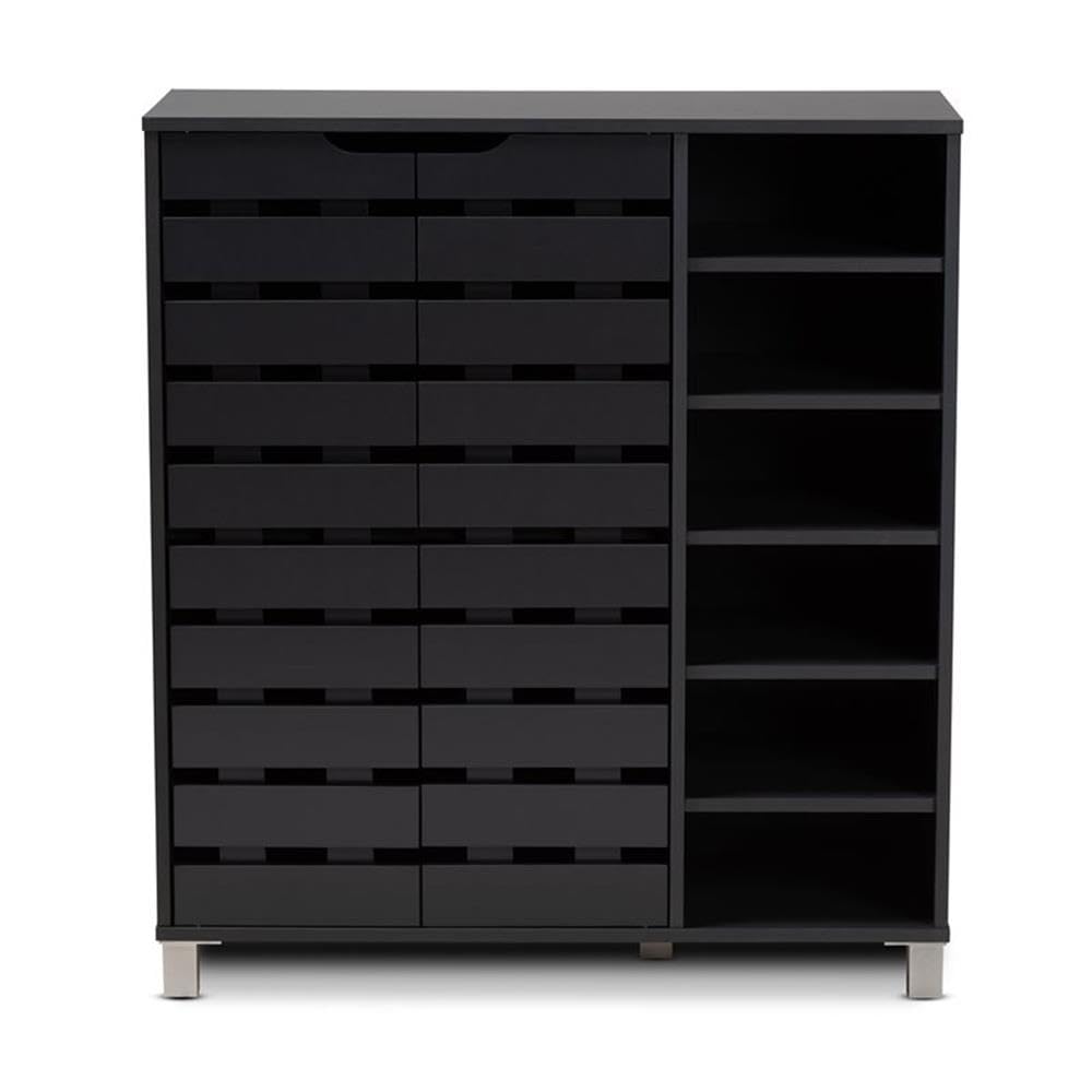BOWERY HILL Modern Dark Grey 2-Door Wooden Shoe Storage Cabinet with Open Shelves - Organize Entryway, Bedroom or Closet - Space Saving Shoe Rack for Home & Office