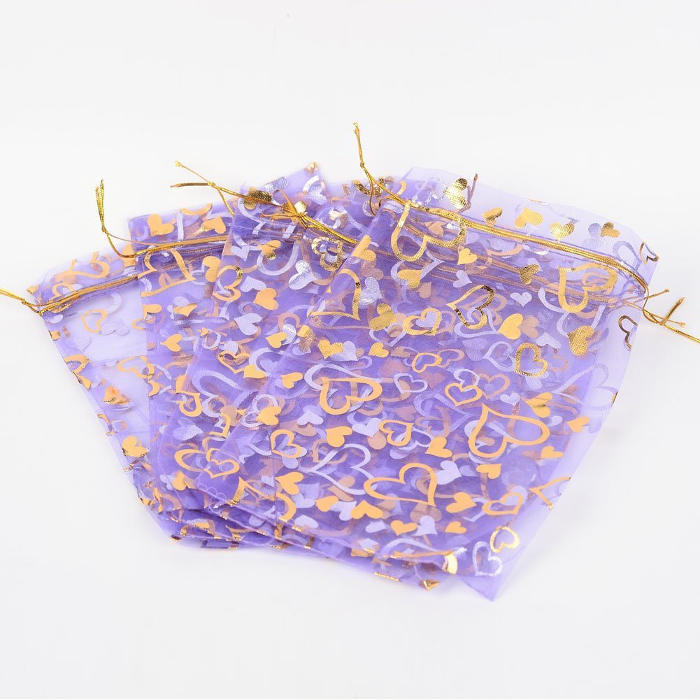 Stratalife 4x6 Inch Organza Drawstring Bags - 50PCS Heart Printed Purple Mesh Jewelry Pouches for Wedding Favors, Baby Shower Gifts & Candy Packaging | Perfect for Party Decorations, Bridesmaid Gifts & Small Item Storage