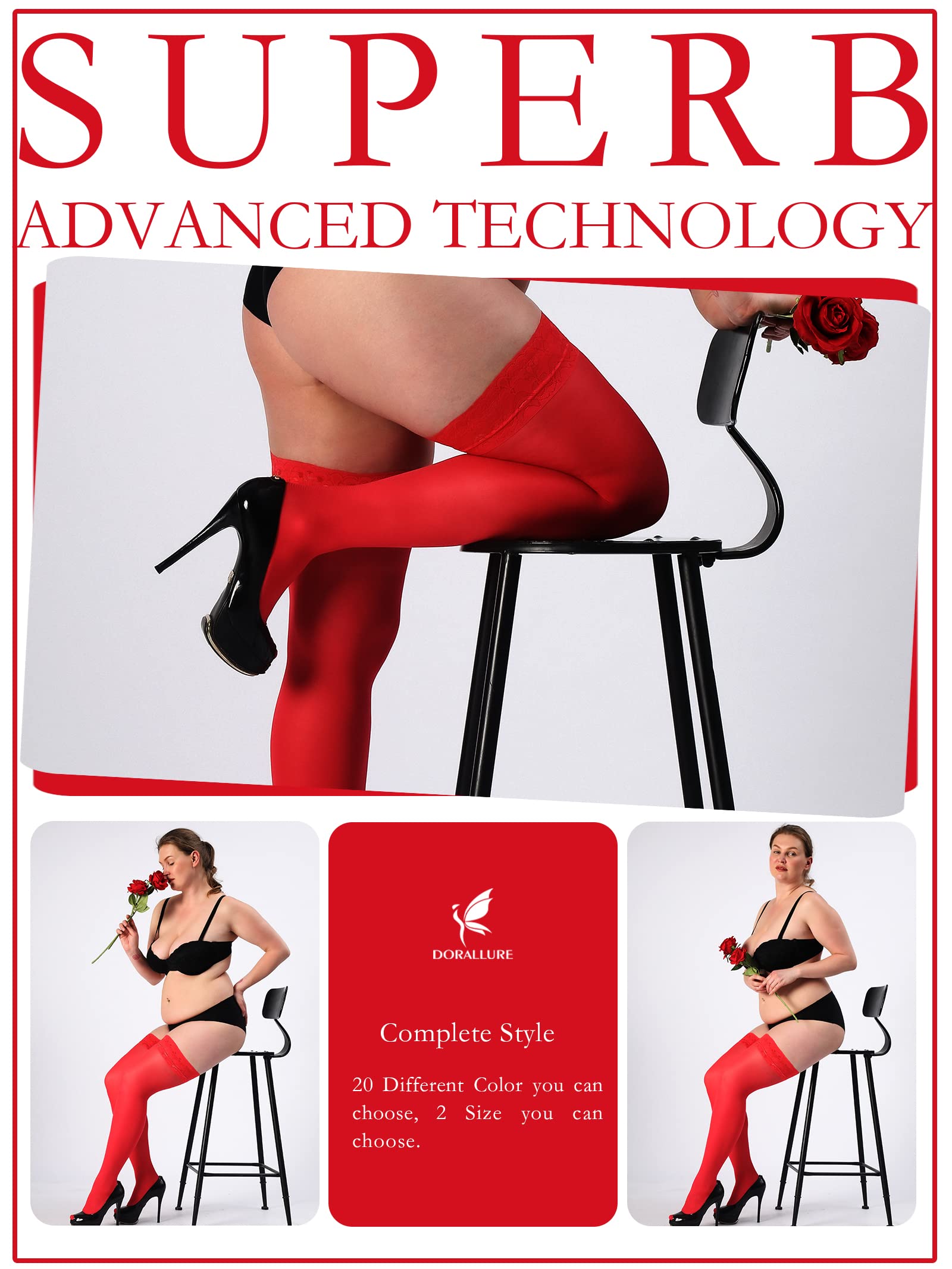 DORALLURE Plus Size Thigh High Stockings for Women - Silicone Lace Top Stay Up, Silky Nylon Pantyhose with Non-Slip Grip | Perfect for Weddings, Date Nights & Office Wear