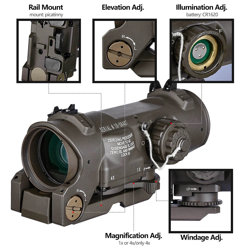 Tactical Rifle Scope 1-4x24 Red Illuminated Dual Purpose Scope with Red Dot Sight - Perfect for Hunting, Shooting & Tactical Use - Includes Rubber Covers for Protection
