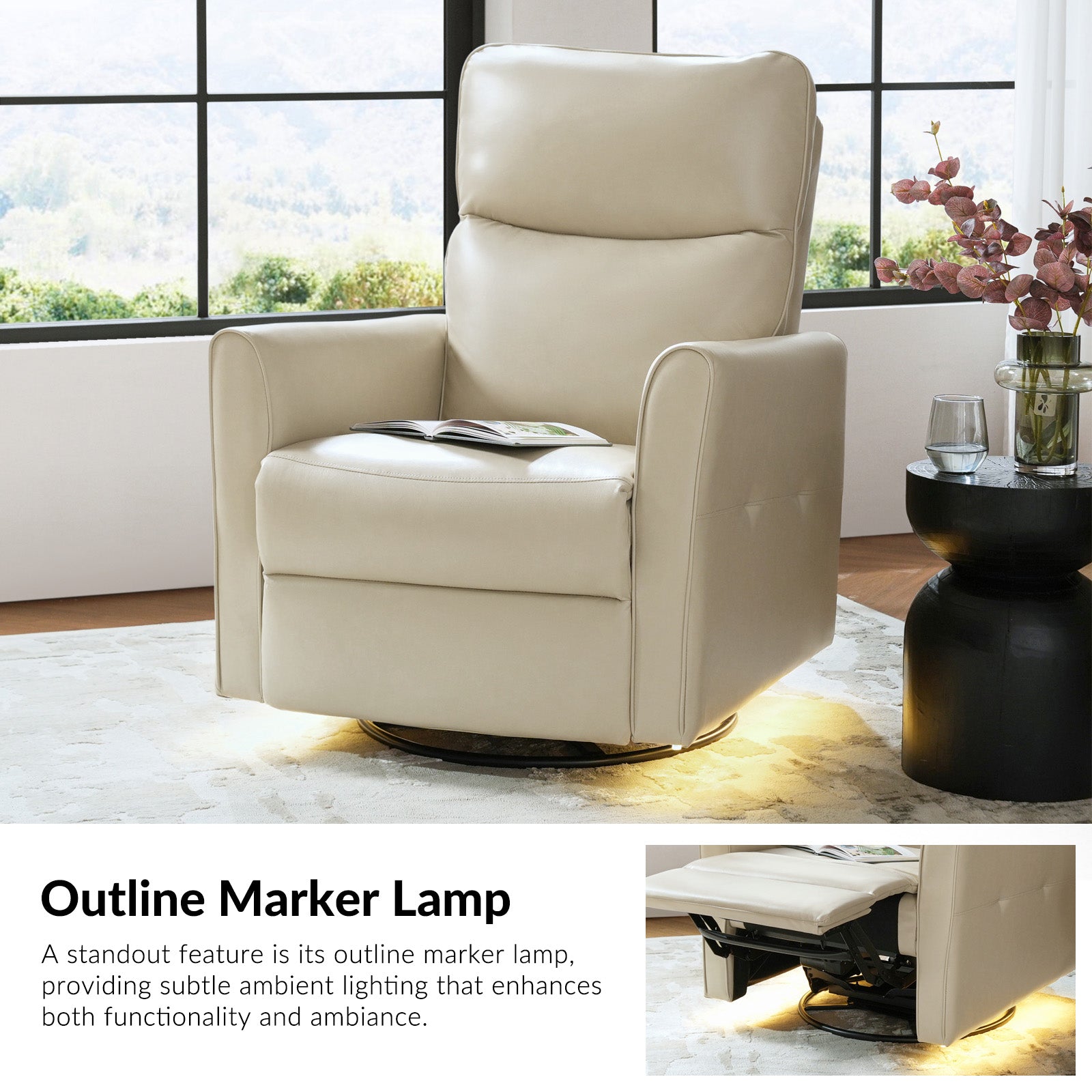 Modern Faux Leather Power Swivel Recliner Chair with USB Charging & Adjustable LED Reading Lamp - Perfect for Home Theater, Living Room & Office Relaxation