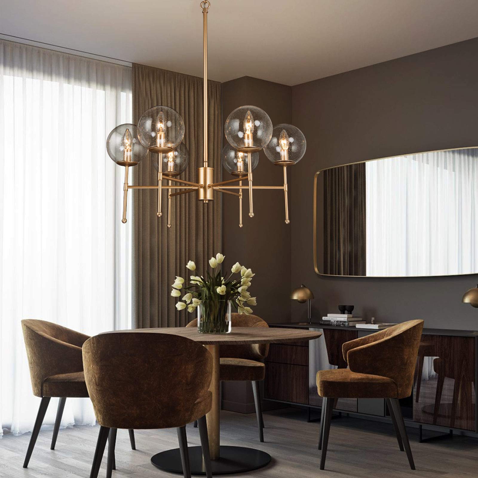 6-Light Gold Globe Chandelier with Seeded Glass Shades - 26'' W x 29.5'' H Modern Pendant Lighting for Dining Room, Living Room & Bedroom | Elegant Ceiling Light Fixture for Home Decor, Wedding & Restaurant Ambiance