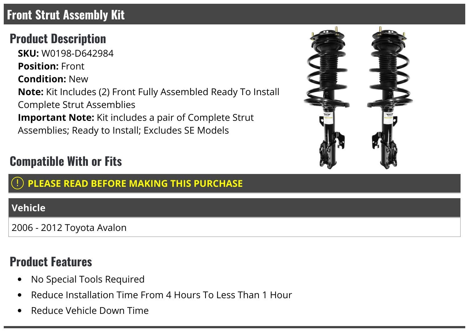 High-Quality Front Strut and Coil Spring Assembly - Set of 2 - Compatible with 2006-2012 Toyota Avalon - Perfect for Smooth Ride & Suspension Repair - Ideal for DIY Mechanics & Auto Shops