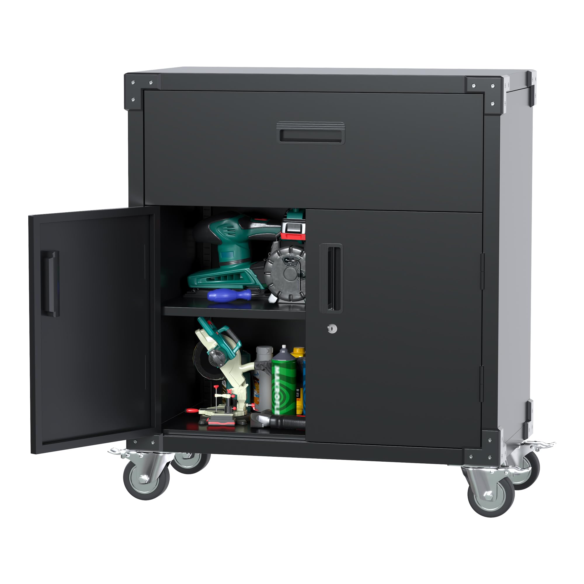 Aobabo Heavy Duty Metal Storage Cabinet with Wheels - Mobile Garage Tool Chest with 1 Drawer & 2 Locking Doors - Rolling Utility Cabinet for Workshop, Garage, or Home Organization - Black (Assembly Required)