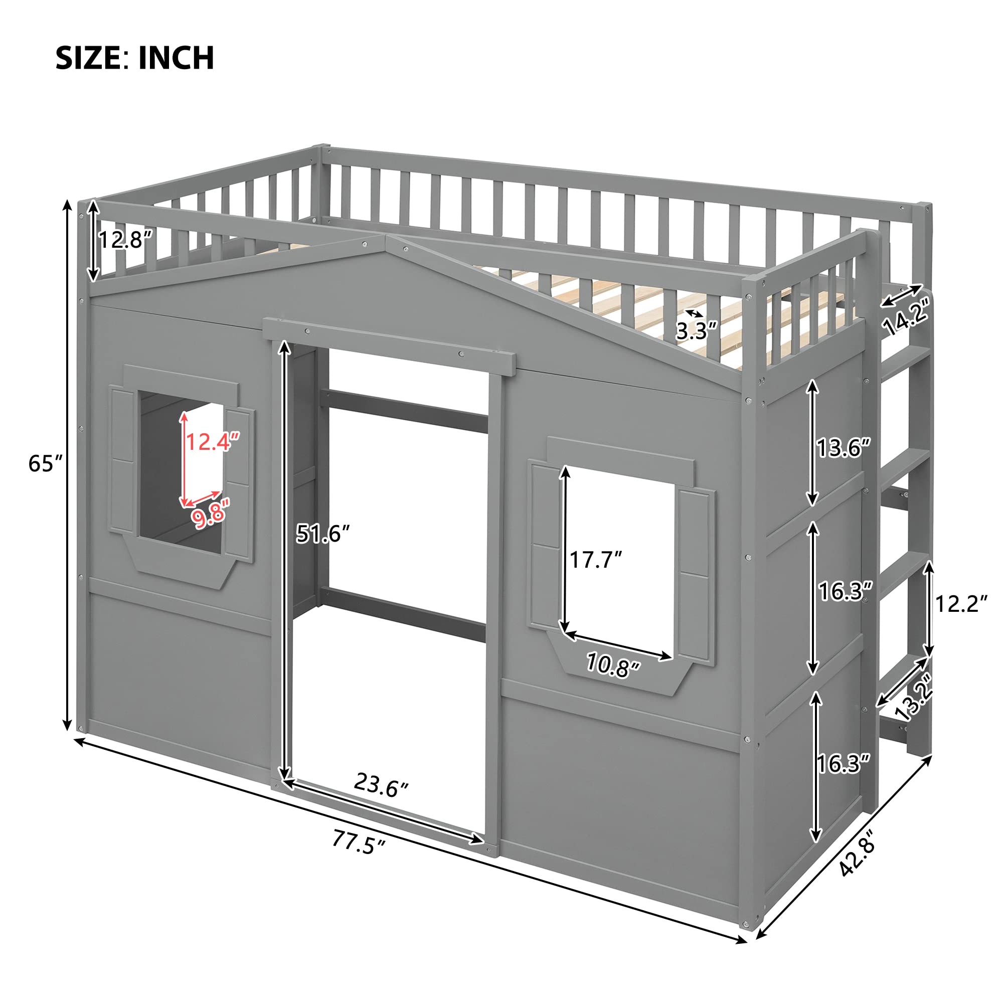 MERITLINE Twin Size Wooden Loft Bed for Kids & Teens - Sturdy High Loft Bed Frame with Side Ladder, 51.6