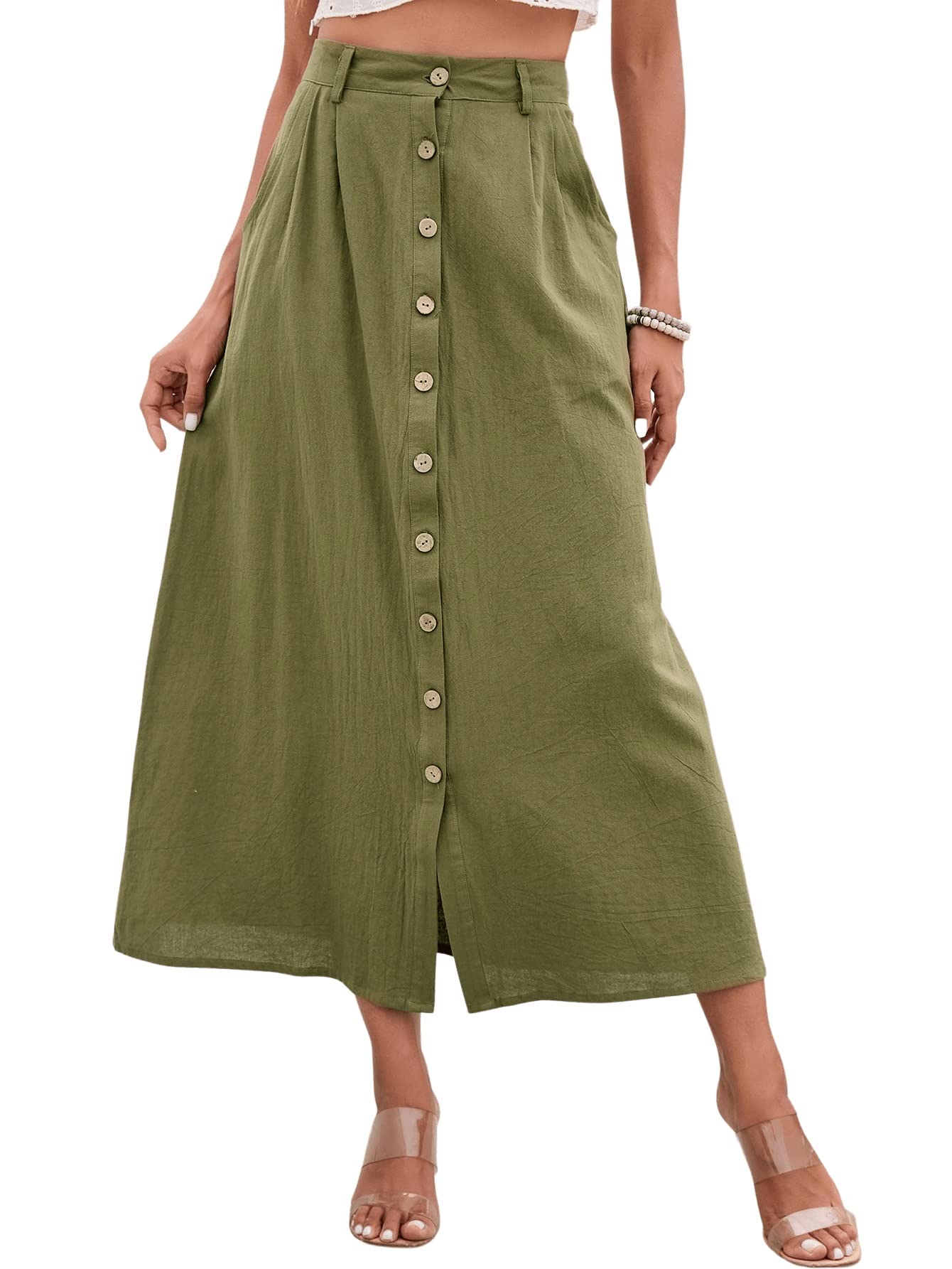 SweatyRocks Women's High Waist Split Button Front Long Boho Maxi Skirt - Casual A-Line Skirt with Slant Pockets for Beach, Vacation & Summer Outfits