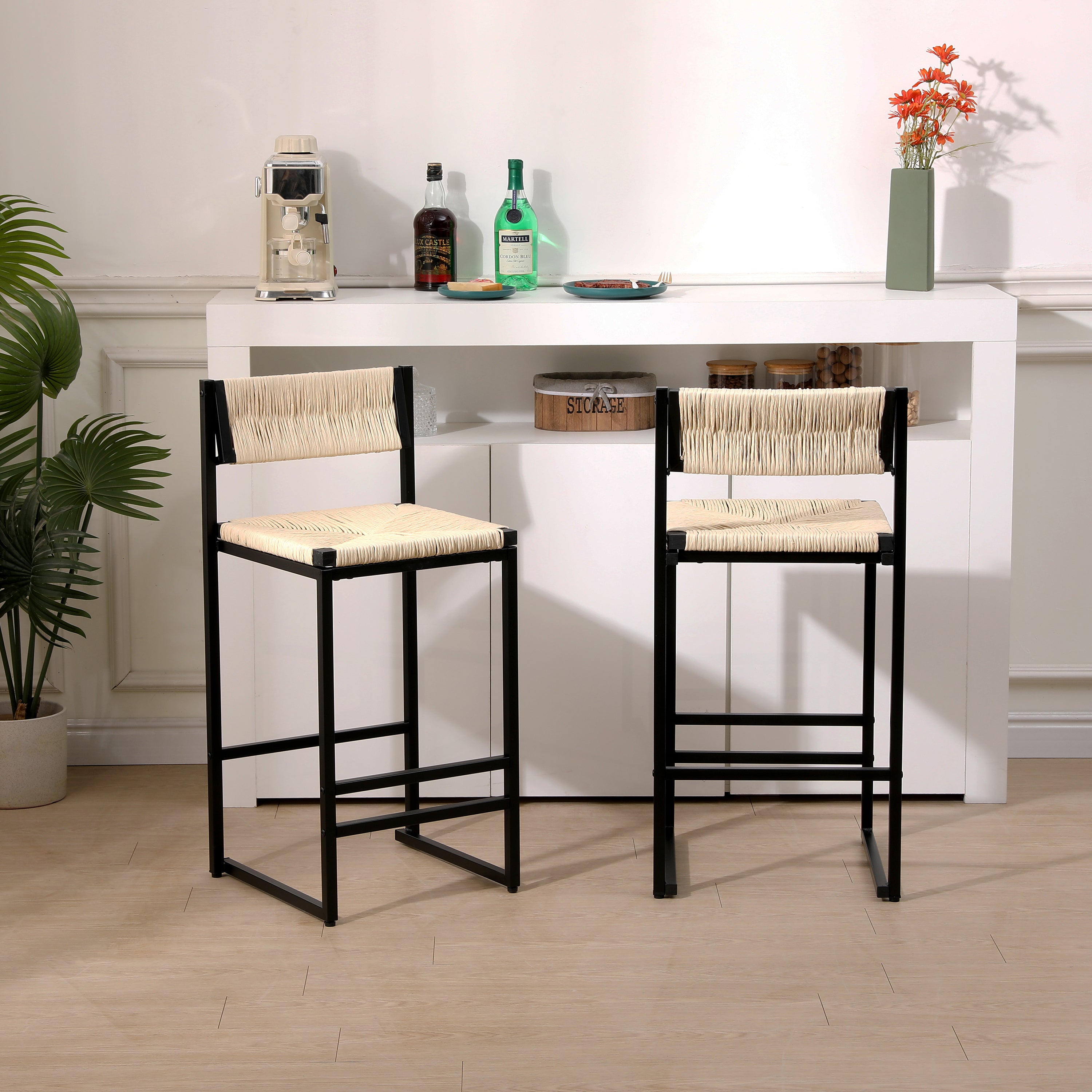 Handwoven Creamy White Paper Rope Bar Stools Set of 2 with Footrest - Natural Woven Counter Height Stools for Kitchen Island, Dining Room, Breakfast Nook & Patio Decor