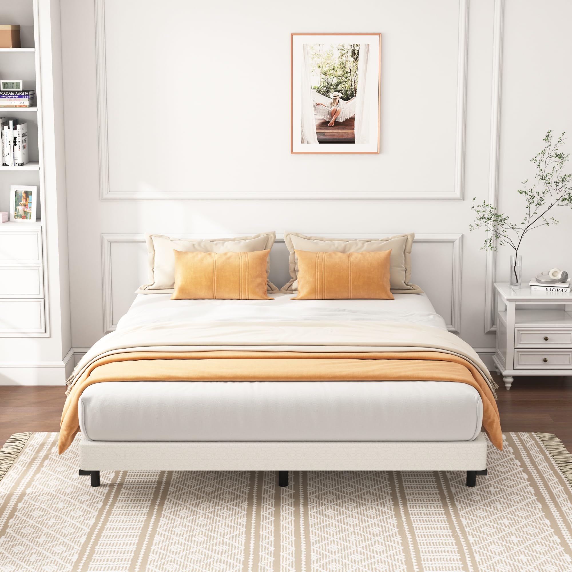 Heavy Duty Full Box Spring Bed - 4 Inch Metal Foundation with Fabric Cover for Noise-Free Support up to 3000lbs - Perfect for Guest Rooms & Dormitories