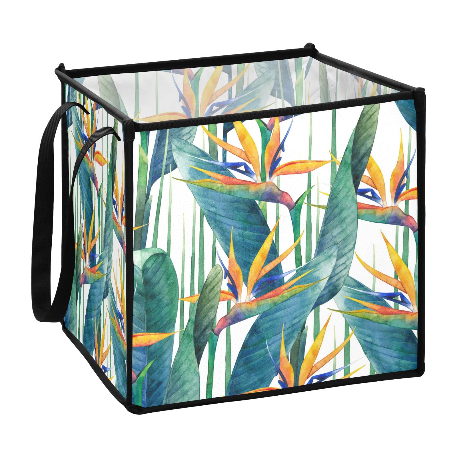 Exotic Green Leaves & Orange Flowers Collapsible Fabric Storage Bins - 13x13x13 Inch Square Toy Organizer with Handles for Nursery, Shelves & Closet - Perfect for Kids' Room Organization & Home Decor Storage Solutions
