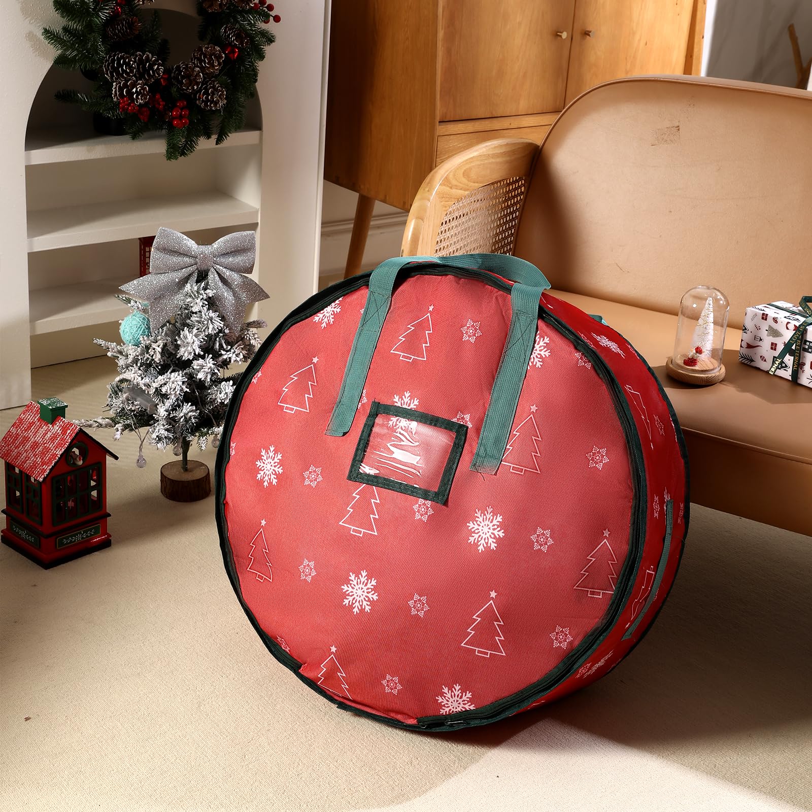 YIYA 24 Inch Christmas Wreath Storage Box - Waterproof Holiday Garland Container with Clear Window & Handles - Perfect for Xmas Decor Organization (Red) - Ideal for Seasonal Storage & Home Decor Protection