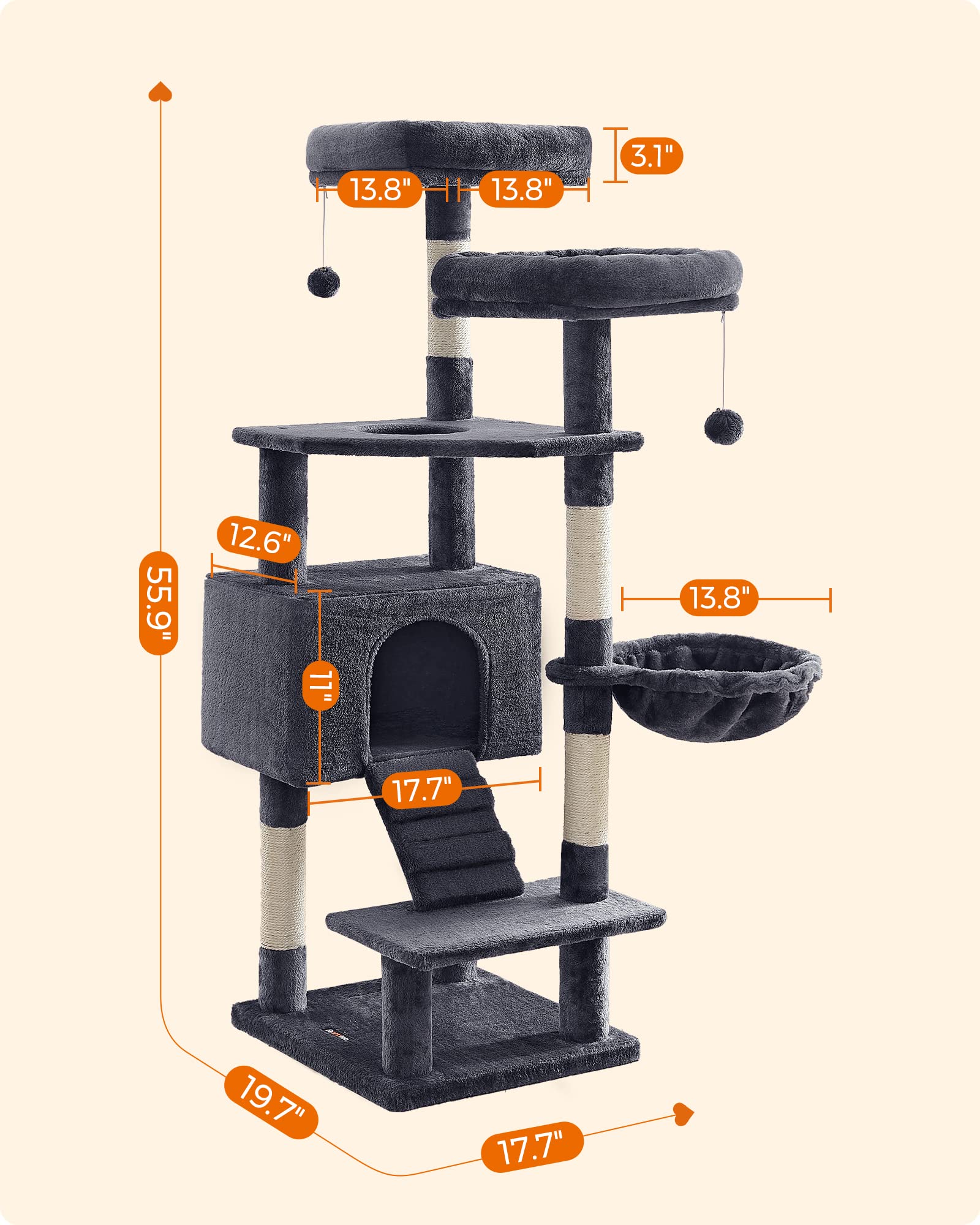 FEANDREA 55.9-Inch Cat Tree Tower for Indoor Cats - Multi-Level Cat Condo with Scratching Posts, 2 Plush Perches, Basket & Large Cat Cave - Durable Cat Activity Center with Ramp in Smoky Gray (UPCT160G01) - Perfect for Small Spaces & Playful Kittens