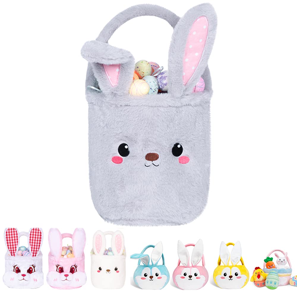 Easter Bunny Basket for Kids - Cute Grey Plush Foldable Ears Egg Hunt Tote with Handle - 9×9 Inch Candy Storage Bag for Boys Girls Teens - Perfect for Easter Decorations, Egg Hunts & Holiday Gift Giving