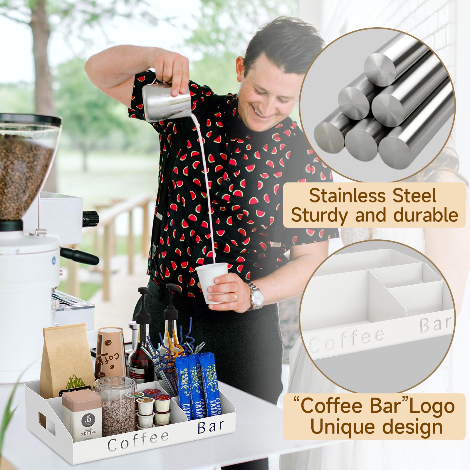 Metal Coffee Bar Organizer - Countertop Coffee Station Organizer with K-Cup Holder, Syrup & Stirrer Storage Basket (White) | Perfect for Kitchen Counter, Office Breakroom & Coffee Shop Organization