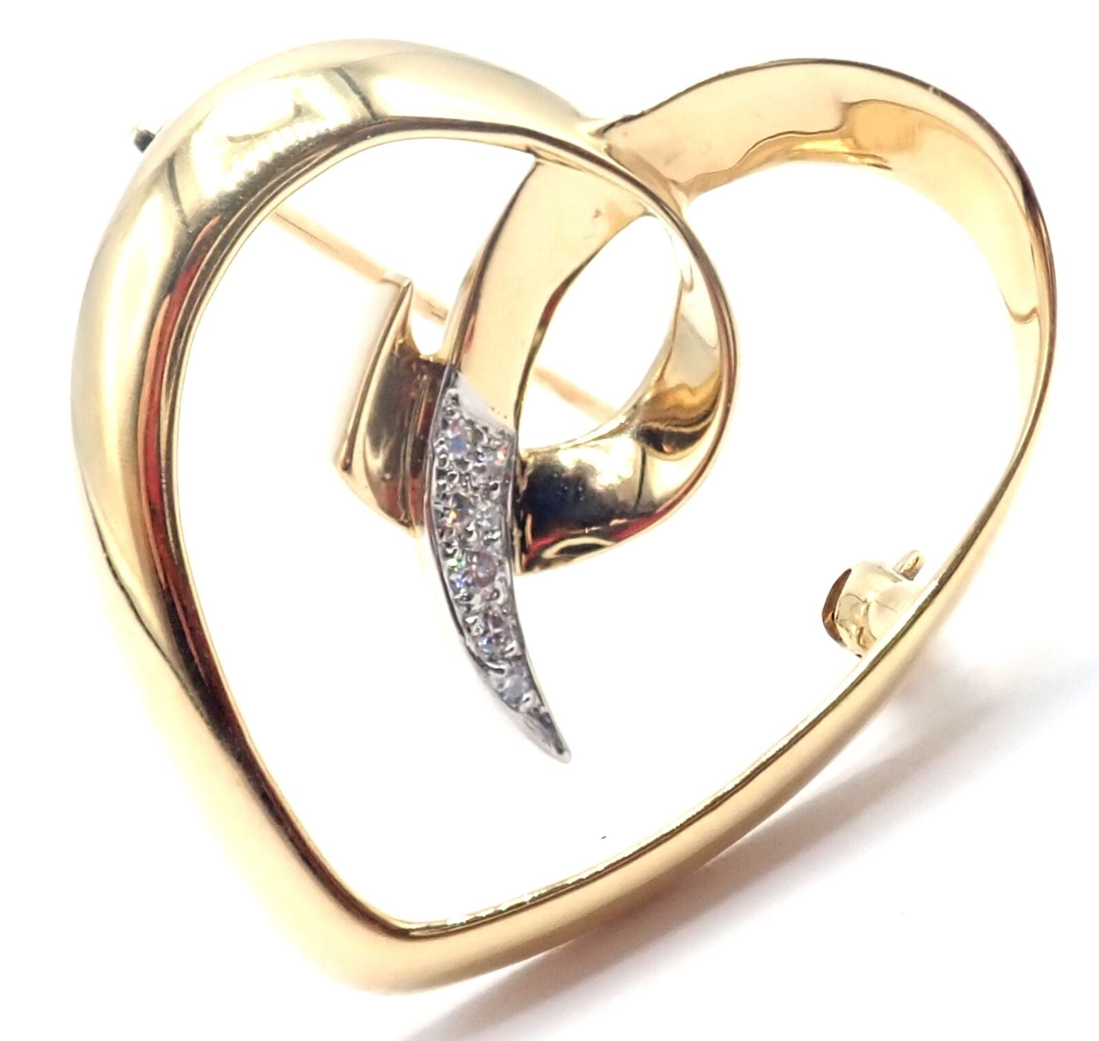 Authentic Tiffany & Co Paloma Picasso 18k Yellow Gold Diamond Heart Pin Brooch - Elegant Jewelry Gift for Women, Perfect for Weddings & Special Occasions