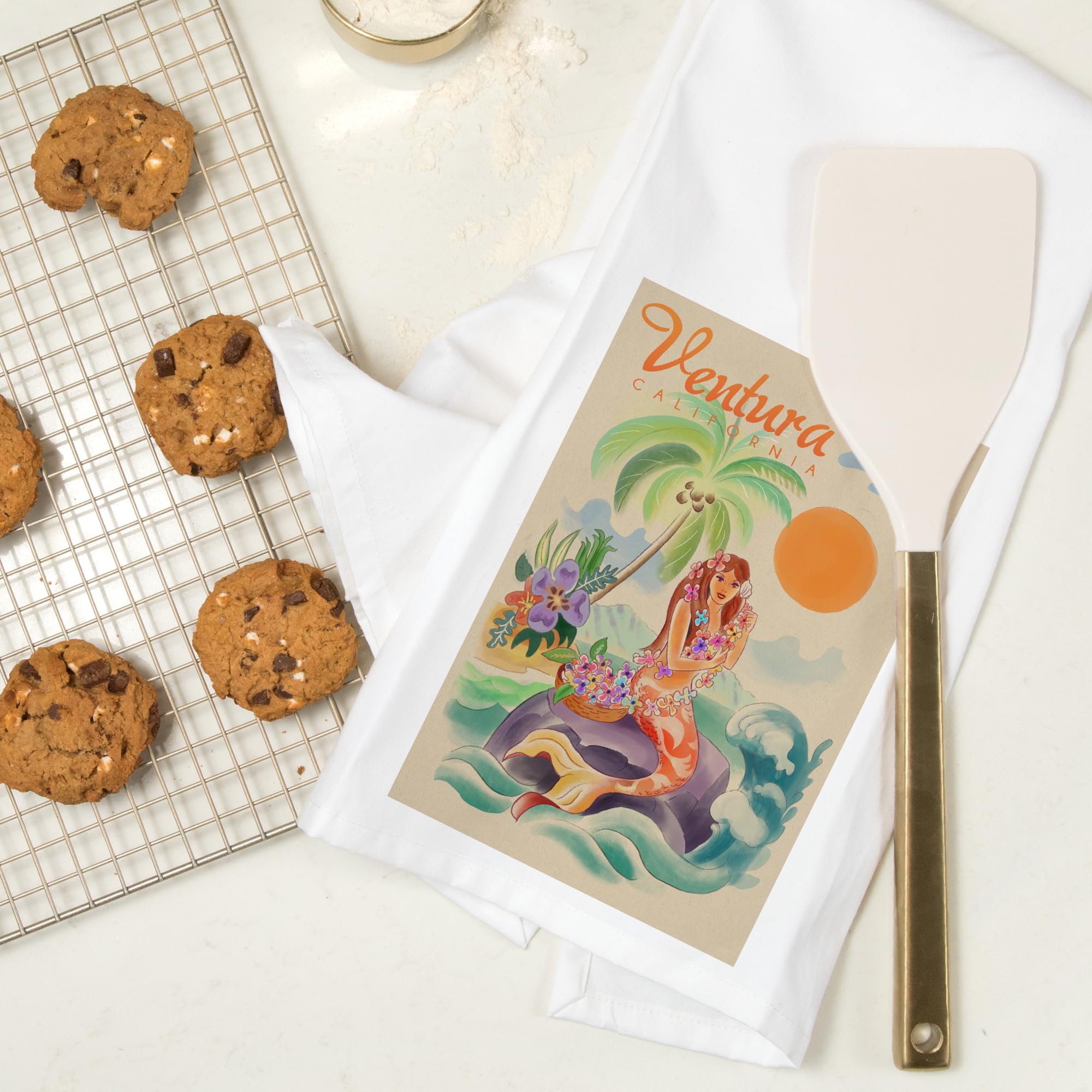Lantern Press Ventura California Tropical Mermaid Cotton Tea Towel - 100% Cotton Decorative Hand Towel for Kitchen, Bathroom & Home Decor - Perfect for Dish Drying, Gift Giving & Coastal Themed Decor