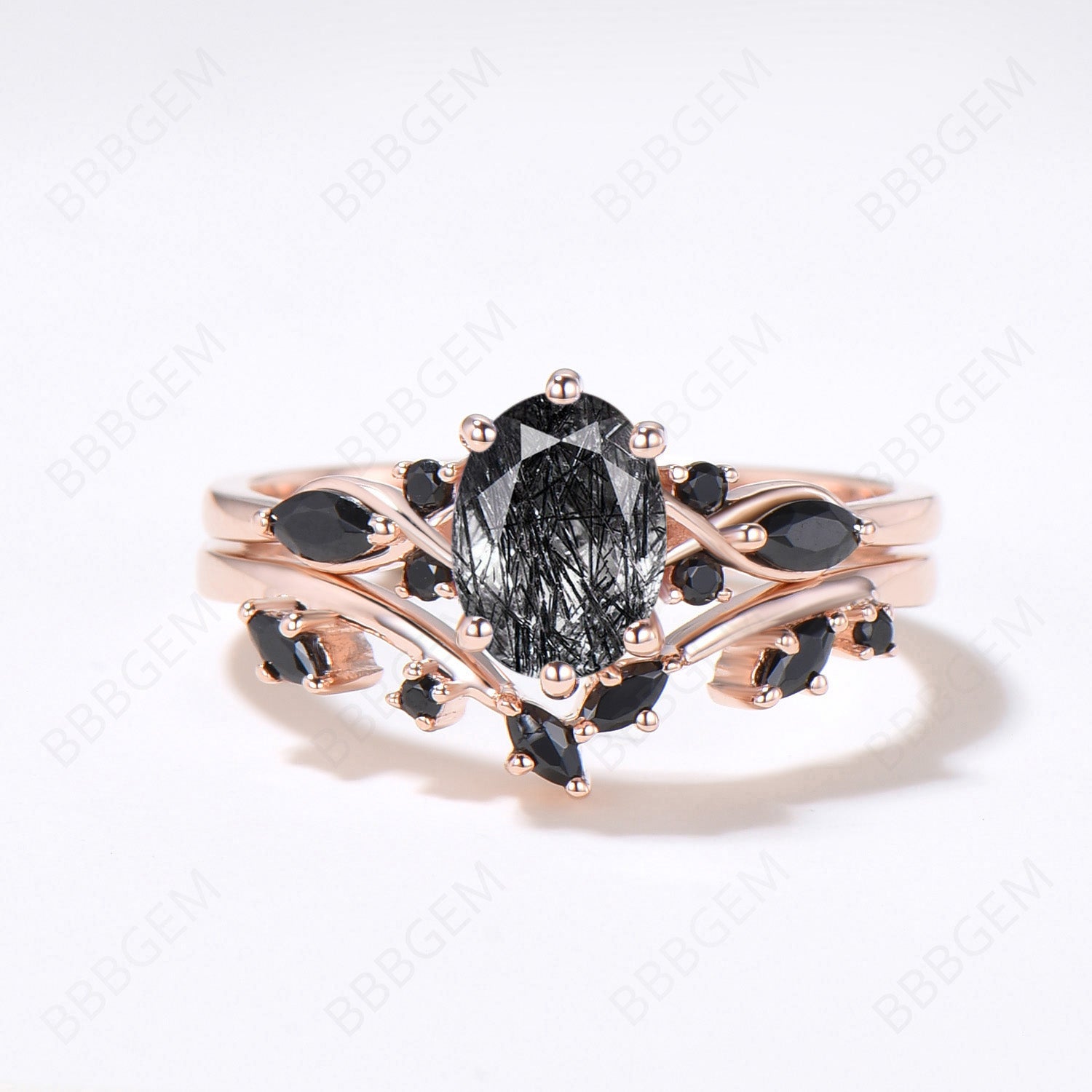 Rose Gold Oval Black Rutilated Quartz Engagement Ring Set - Elegant Wedding Band for Women, Unique Gemstone Jewelry Gift for Her - Perfect for Proposals, Anniversaries & Special Occasions