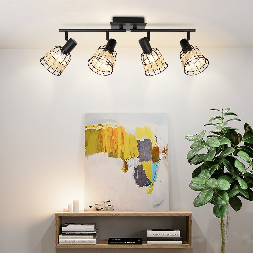 Depuley 4-Head Modern Track Lighting Kit - Vintage Rattan & Bamboo Wall/Ceiling Spotlight with Woven Cage - Farmhouse Style Lighting for Kitchen, Dining Room, Office, Restaurant, Cafe and Bedroom
