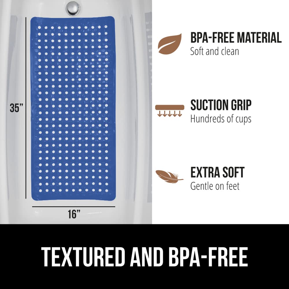 GORILLA GRIP Non-Slip Bathtub Shower Mat - Machine Washable Bath Mat with Strong Suction Cups & Drain Holes - 35x16 Inch Royal Blue Opaque Tub Liner for Bathroom Safety - Perfect for Kids, Elderly & Wet Floors
