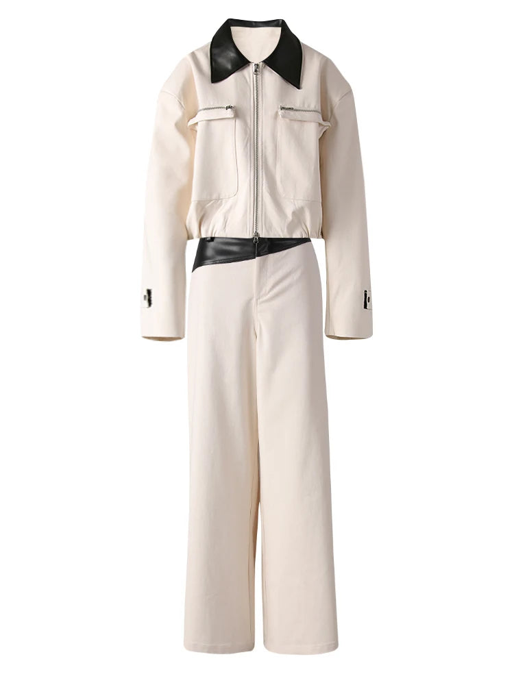 Women's Big Size Leather Jacket & Wide Leg Pants Two-Piece Suit - Lapel Long Sleeve Fashion Set for Spring Autumn 2025 (CPG3127) | Perfect for Office Wear, Date Night & Casual Outfits
