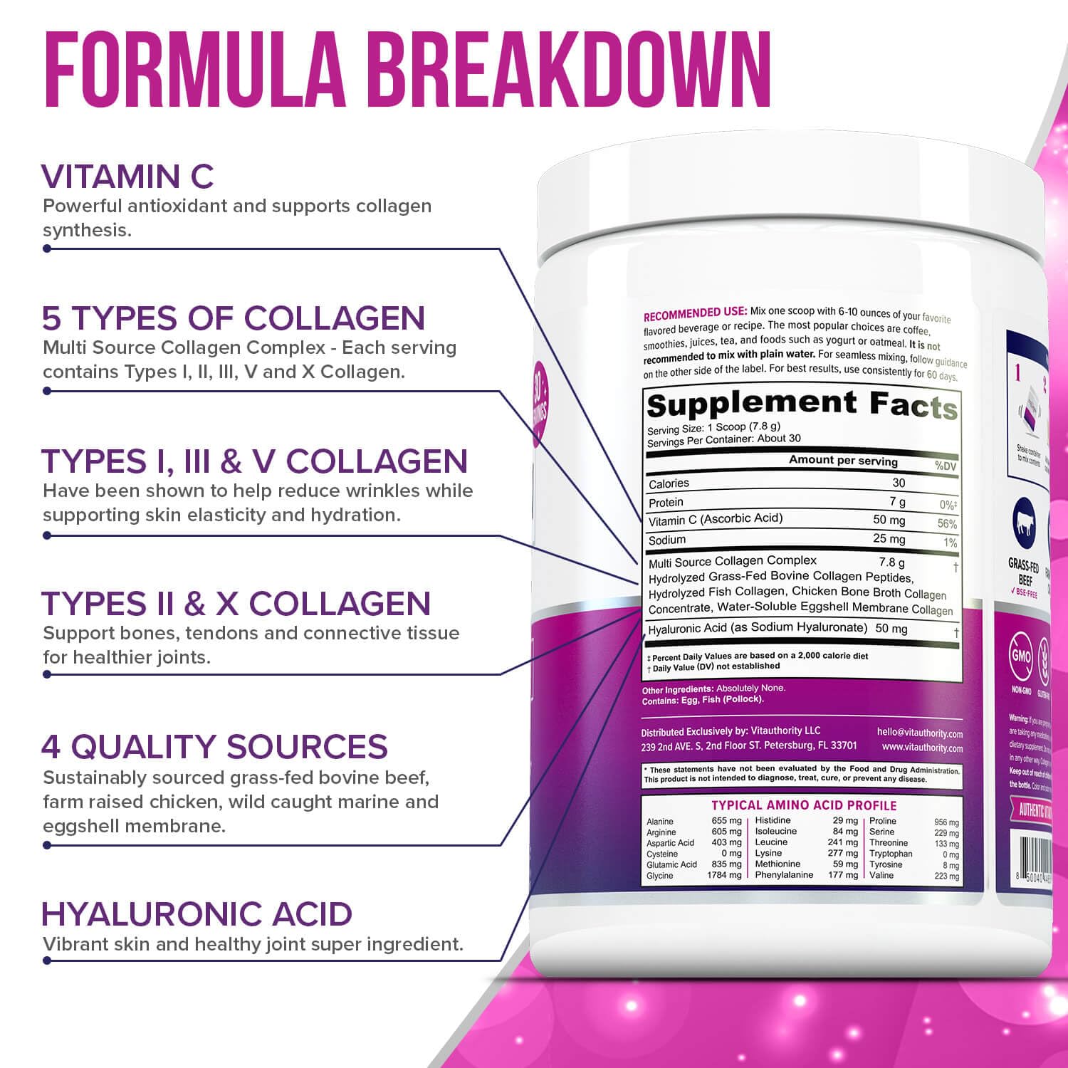 Premium Grass-Fed Hydrolyzed Multi Collagen Peptides Powder - Unflavored Collagen Supplement for Women & Men with Hyaluronic Acid & Vitamin C | Supports Hair, Skin & Nail Health | 30 Servings | Perfect for Smoothies, Coffee & Daily Wellness Routine