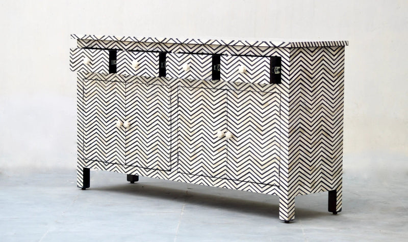 Handmade Bone Inlay Sideboard with 4 Drawers & 4 Doors - Black Chevron Pattern Wooden Buffet Cabinet for Dining Room, Living Room & Entryway Storage
