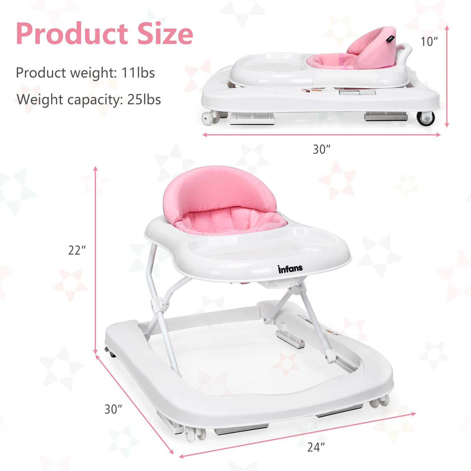 INFANS 3-in-1 Foldable Baby Walker with Adjustable Speed Wheels & Safety Bumper - Convertible Learning Walker, Push Walker & Seat for Toddlers Boys Girls (Pink) - Perfect for Home Playtime & Early Walking Development