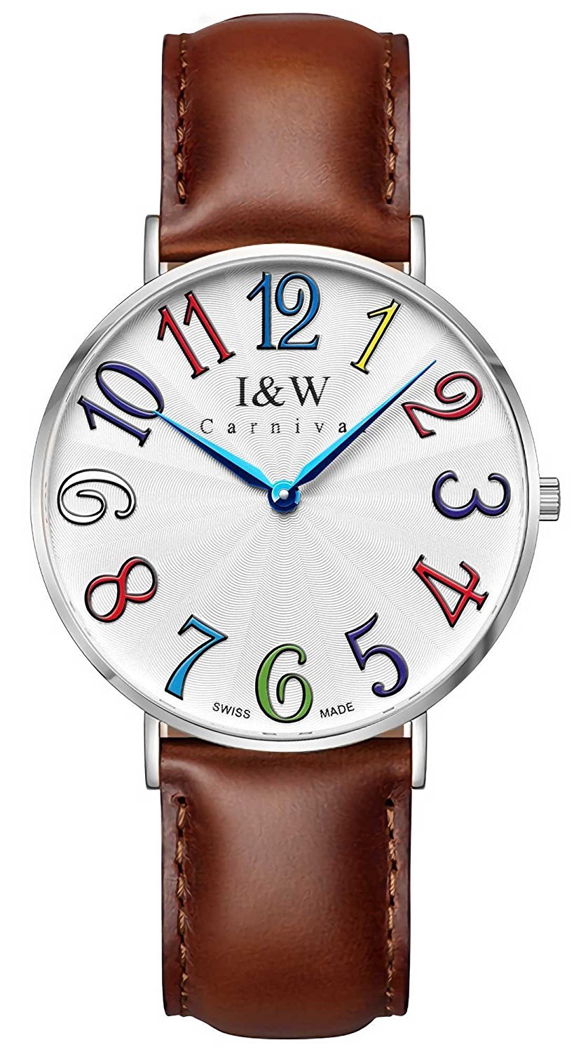 Slim Unisex Quartz Watch - Ultra Thin Minimalist Design with Colorful Arabic Markers, White Dial & Leather Band - Perfect for Everyday Wear, Office & Casual Outfits