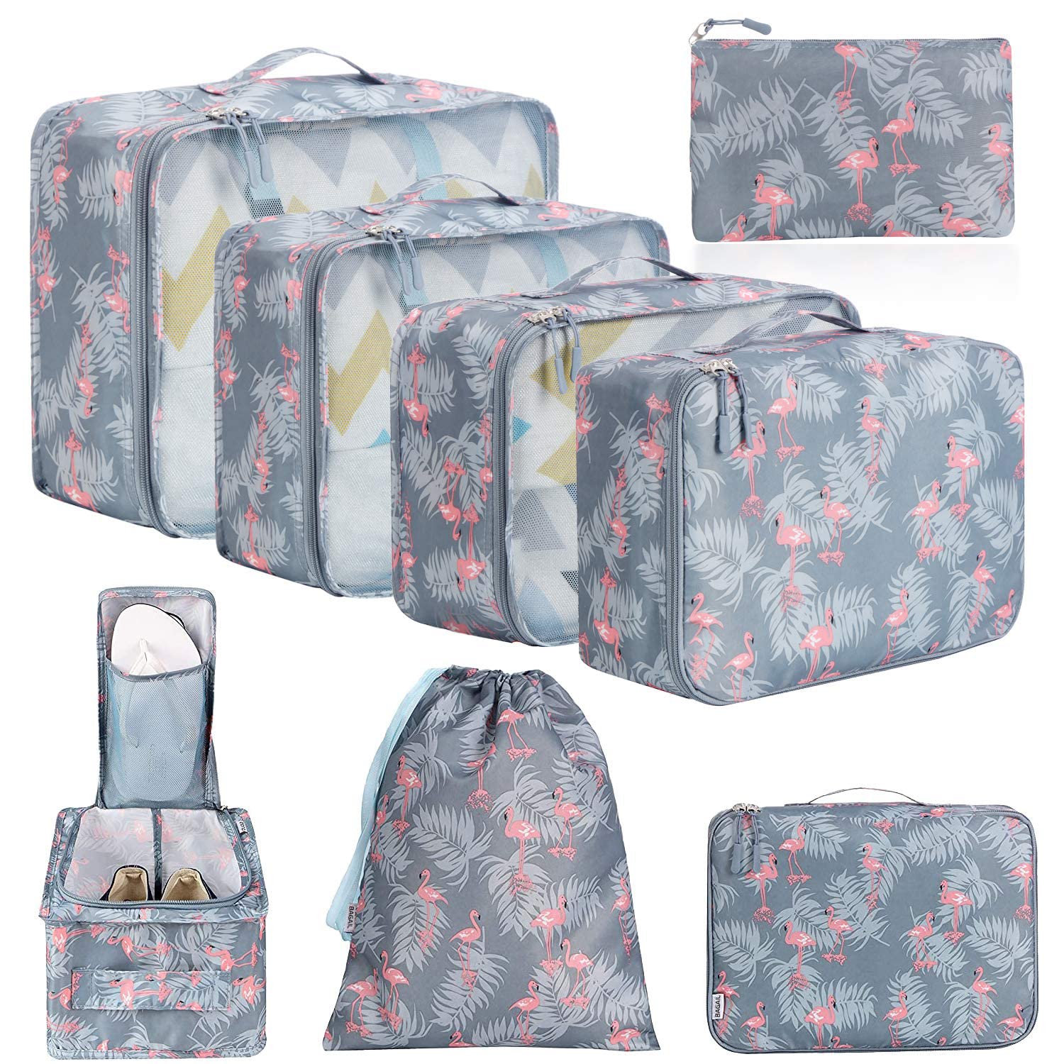 BAGAIL 8 Set Packing Cubes - Travel Luggage Organizers with Compression Zippers (Red Flamingo) - Perfect for Suitcase Organization & Business Trips
