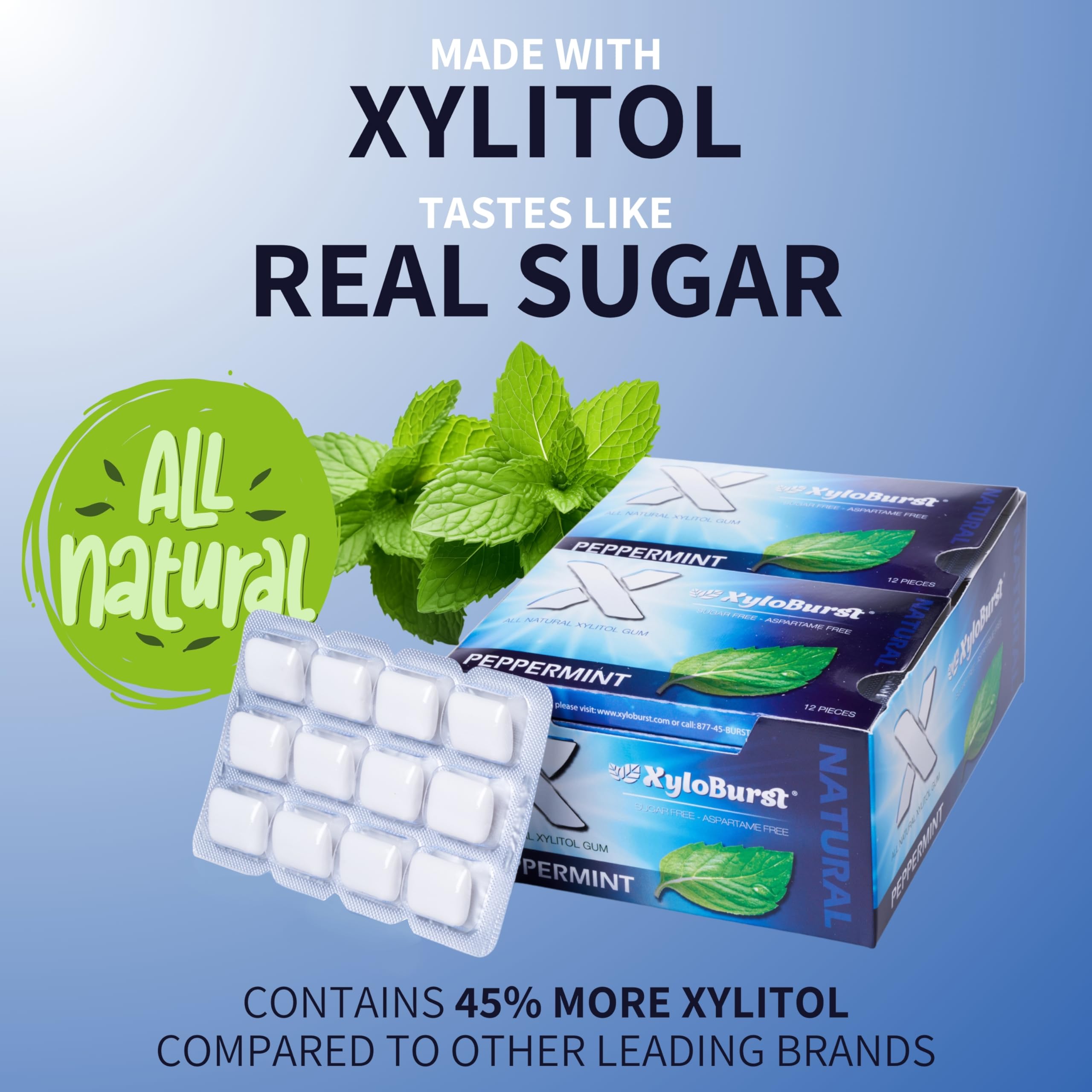 XyloBurst Xylitol Chewing Gum - Sugar Free, Gluten Free, Keto Friendly, Aspartame Free for Oral Health | Peppermint Flavor | 12 Pieces (Pack of 12) | Fresh Breath for Workouts, Meetings & Daily Use