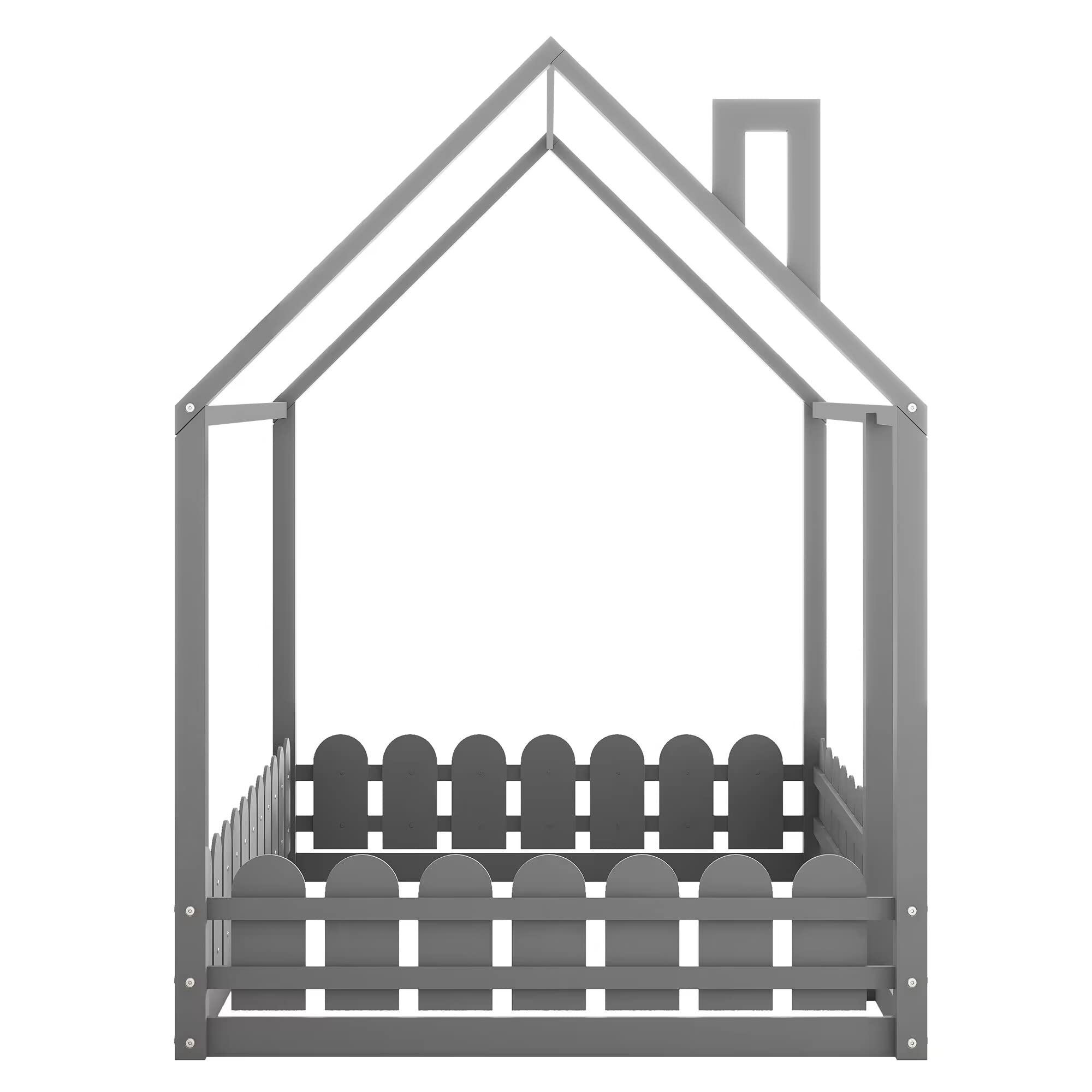 P PURLOVE Full Wood House Bed Frame with Fence-Style Guardrails for Kids & Teens - Gray (Slats Not Included) - Perfect for Nursery, Bedroom & Kids Room Decor