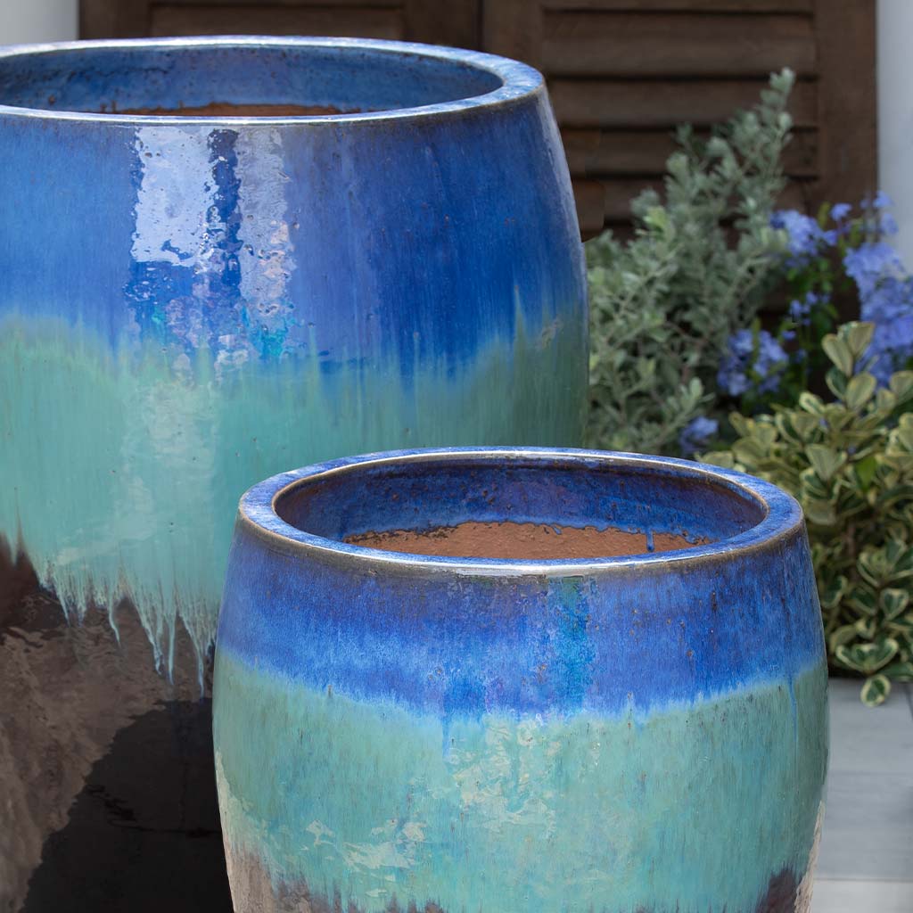 Campania International Cabana Planter Set of 2 - Running Blue Brown Outdoor Garden Planters for Patio, Deck & Poolside Decor