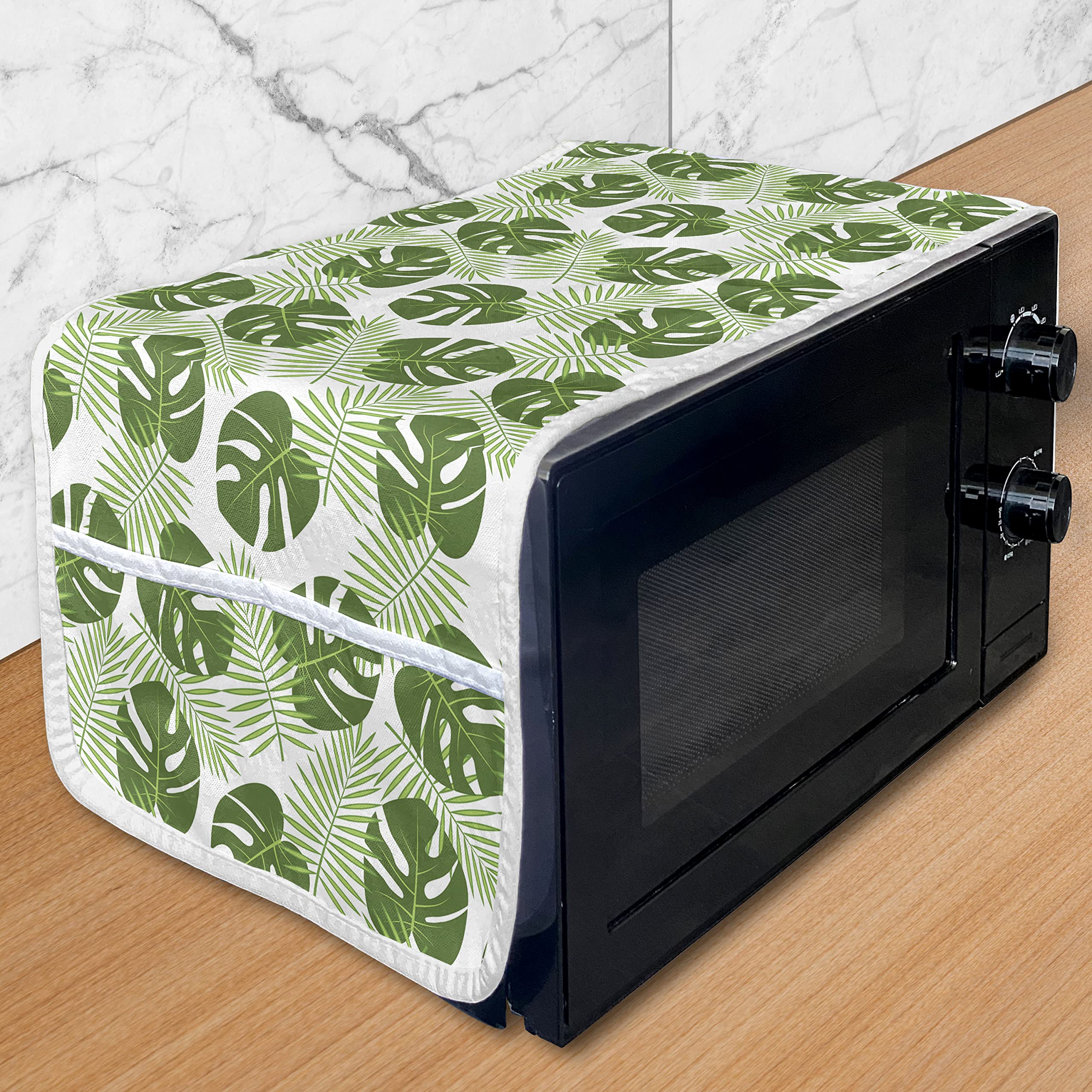 Ambesonne Microwave Oven Cover - Tropical Palm Leaves & Monsteras Design, Water Resistant Kitchen Organizer with Pockets, 36