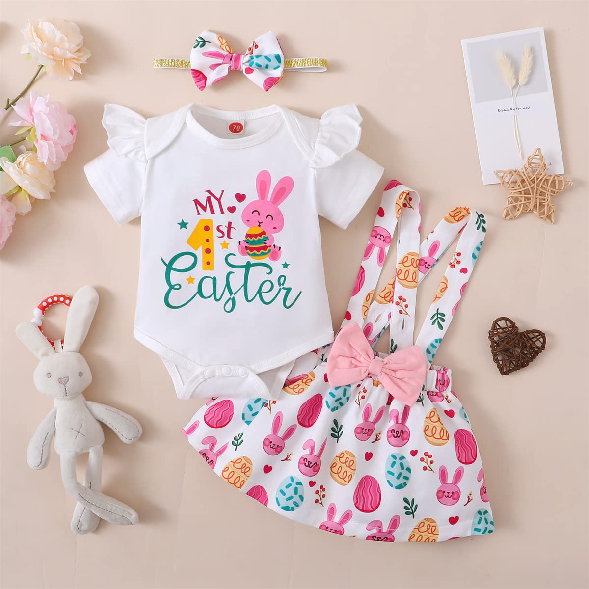 My First Easter Romper Outfit for Baby Girls - Rabbit Suspenders, Skirt & Headband Set - Newborn Photoshoot & Holiday Celebration