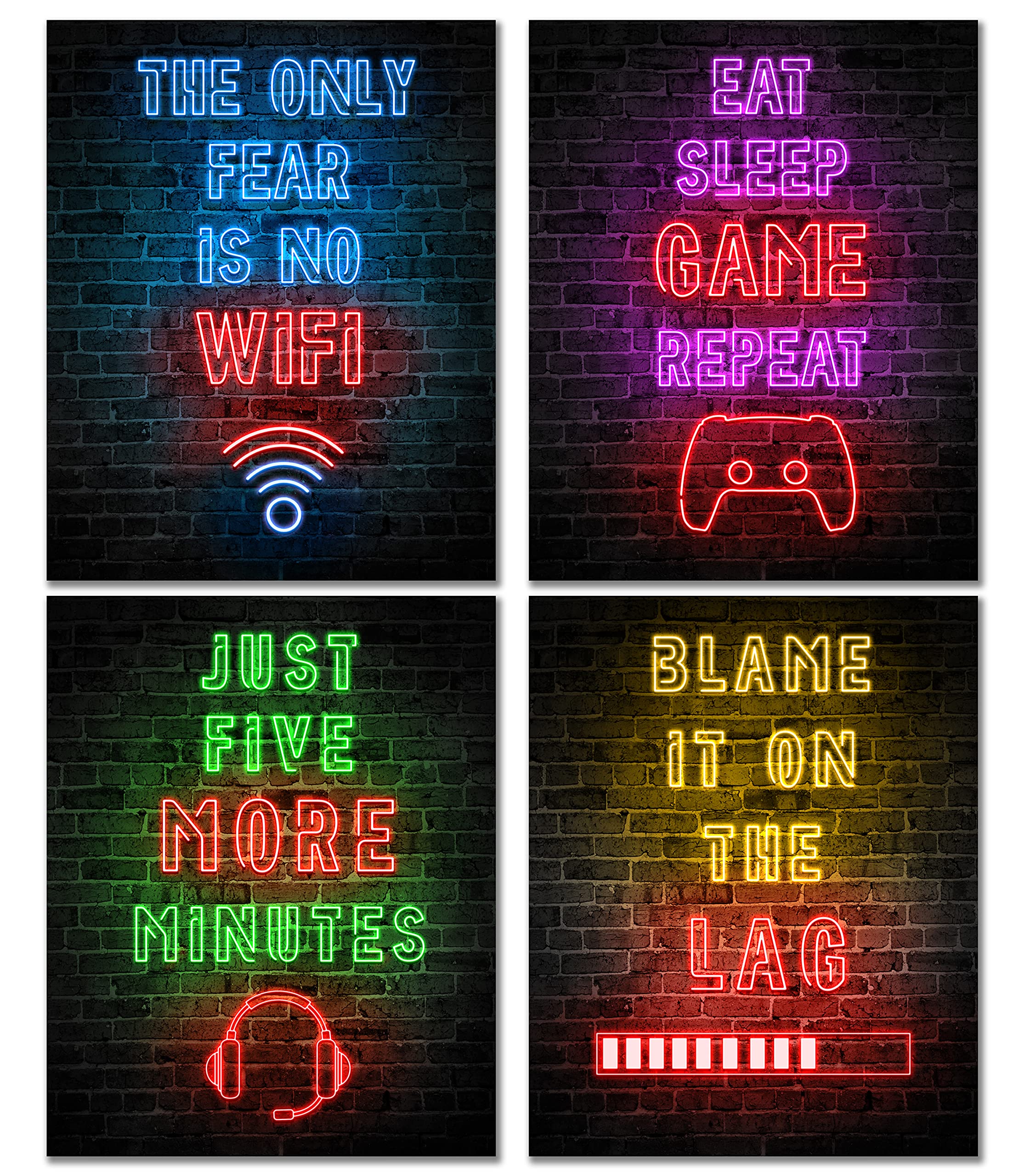 Neon Gaming Posters for Boys Room - 8'' x 10'' Unframed Video Game Wall Art - Cool Gamer Decor for Teen Bedroom & Gaming Room - Perfect for Esports Fans, Streamer Setup & Game Themed Party Decor