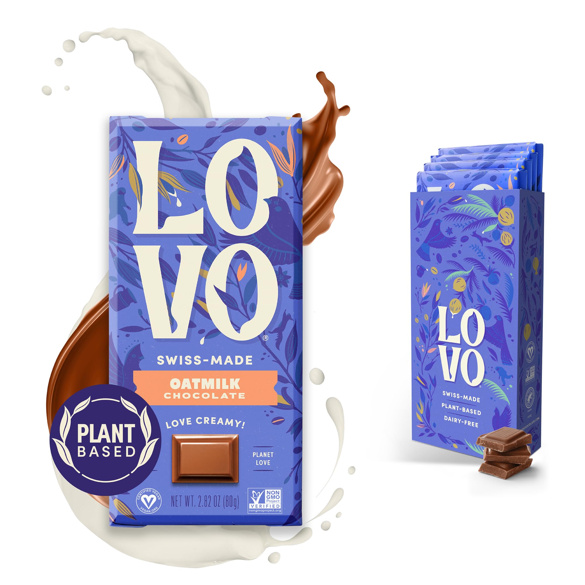 LOVO Oatmilk Chocolate Bar - Vegan Dairy-Free Milk Chocolate with Oatmilk | Gluten-Free, Swiss-Made, RFA Certified | 2.82oz Pack of 4 | Perfect for Vegan Desserts, Healthy Snacking & Gift Giving