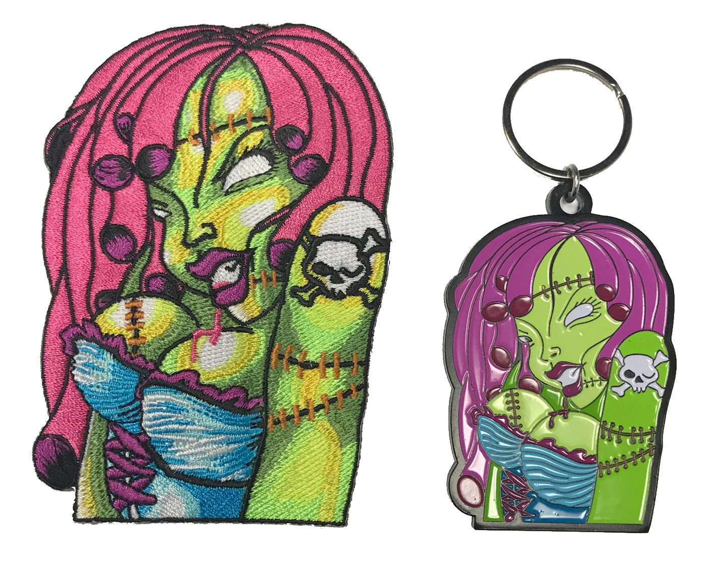 Sexy Zombie Scary Big Boobs Hot Babe Chick Skull Crossbones Tattoo Iron-On Patch & Enamel Keychain Set of 2 - Perfect for Halloween Costumes, Punk Jackets, Backpacks, and DIY Craft Projects