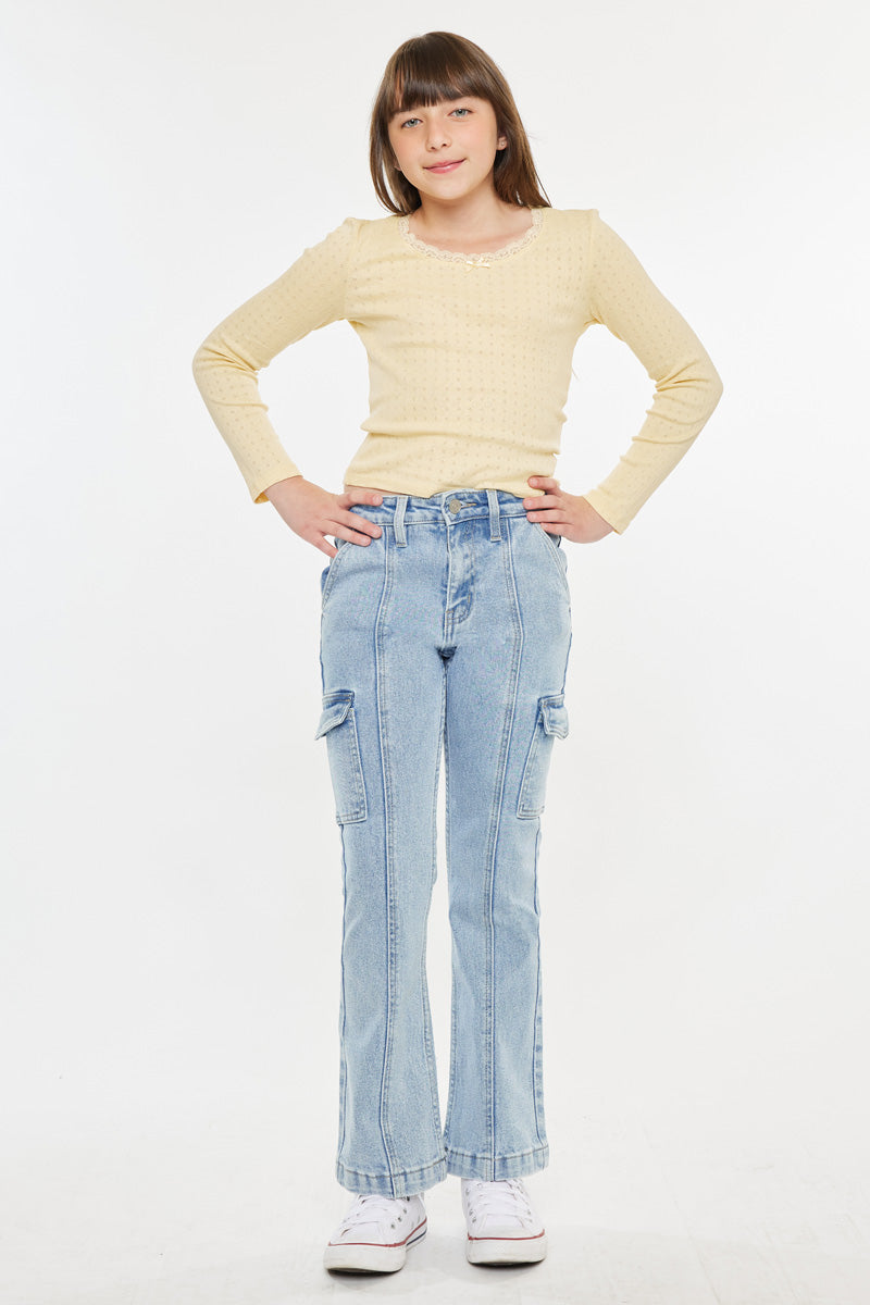 Gormani High Rise Kids Cargo Flare Pants - Trendy Stretch Denim Jeans for Girls with Multiple Pockets | Perfect for School, Playdates & Outdoor Adventures