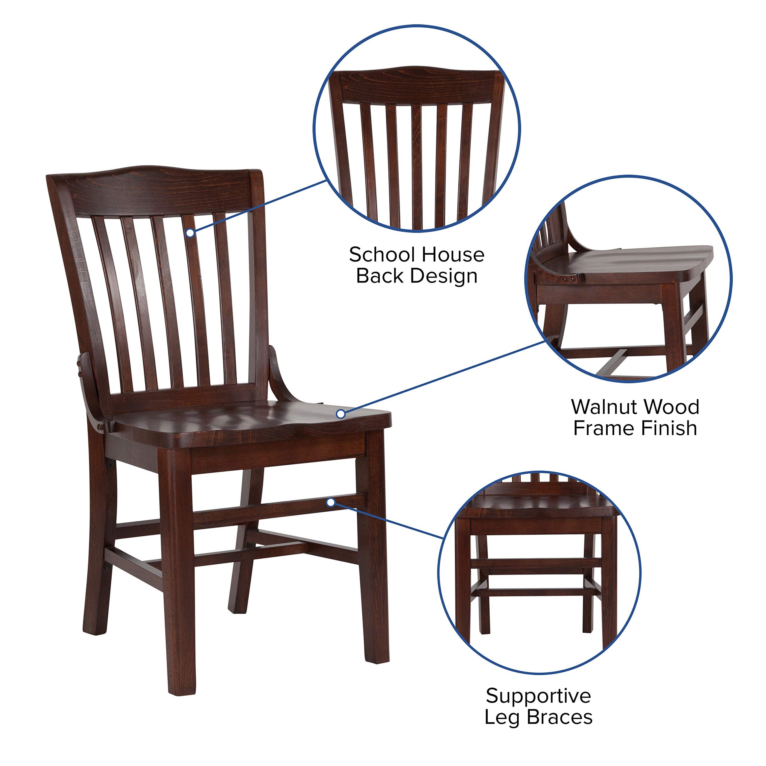 EMMA + OLIVER School House Back Walnut Wood Chair - Solid Wood Dining Chair for Kitchen, Dining Room, Office & Study - Comfortable & Durable Wooden Seat with Classic Design