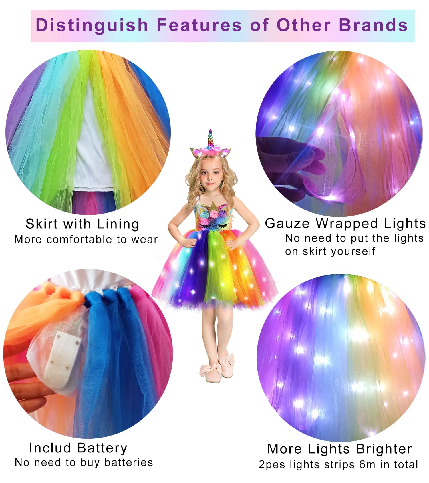 Sparkly Sequin Unicorn Princess Costume for Girls | Light Up Tutu Dress for Birthday Party, Halloween, Christmas | Magical Fairy Tale Dress-Up Play & Photo Shoots